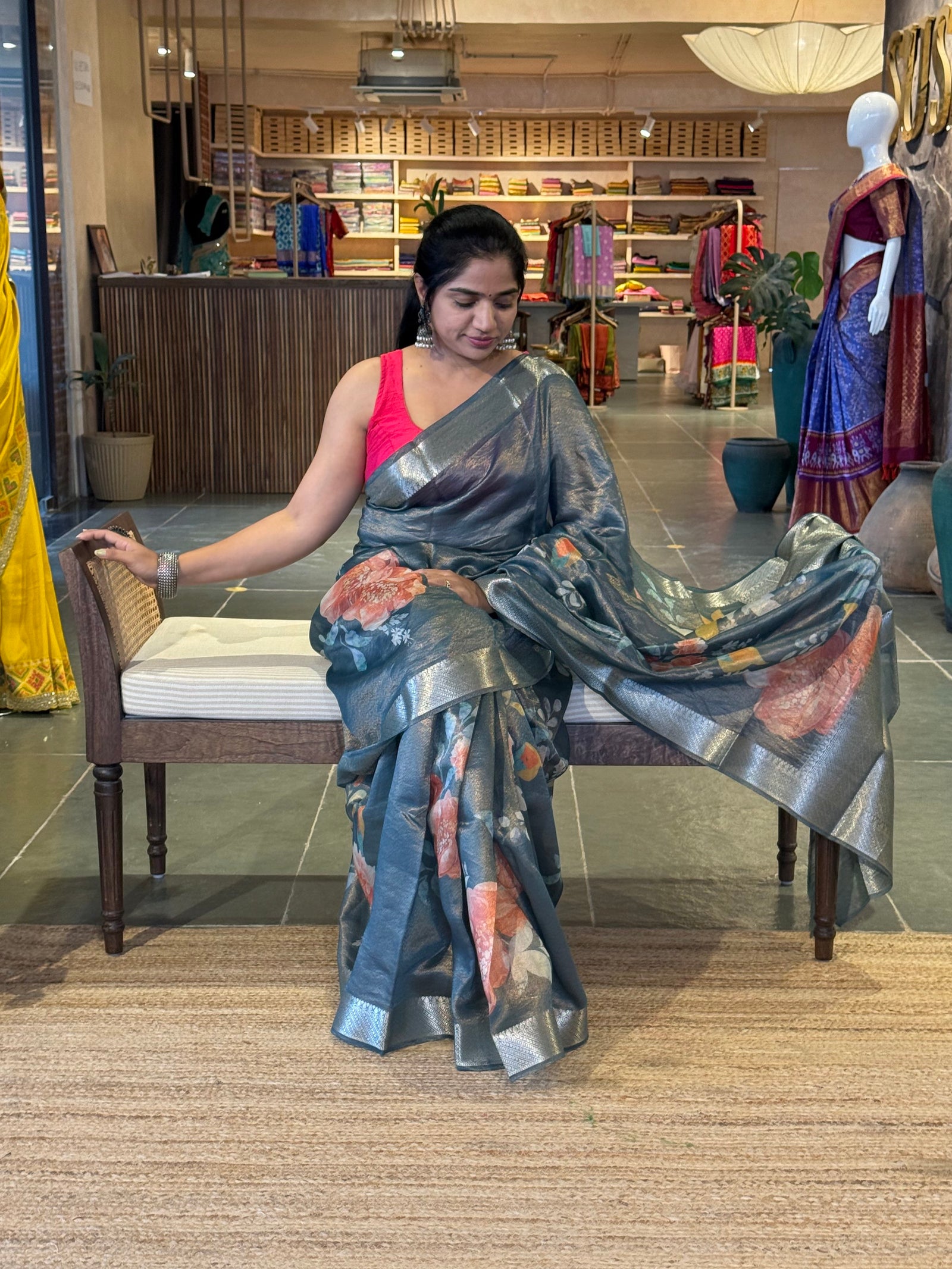 Banarasi Floral Printed Cotton Tissue Saree with brocade pallu and blouse