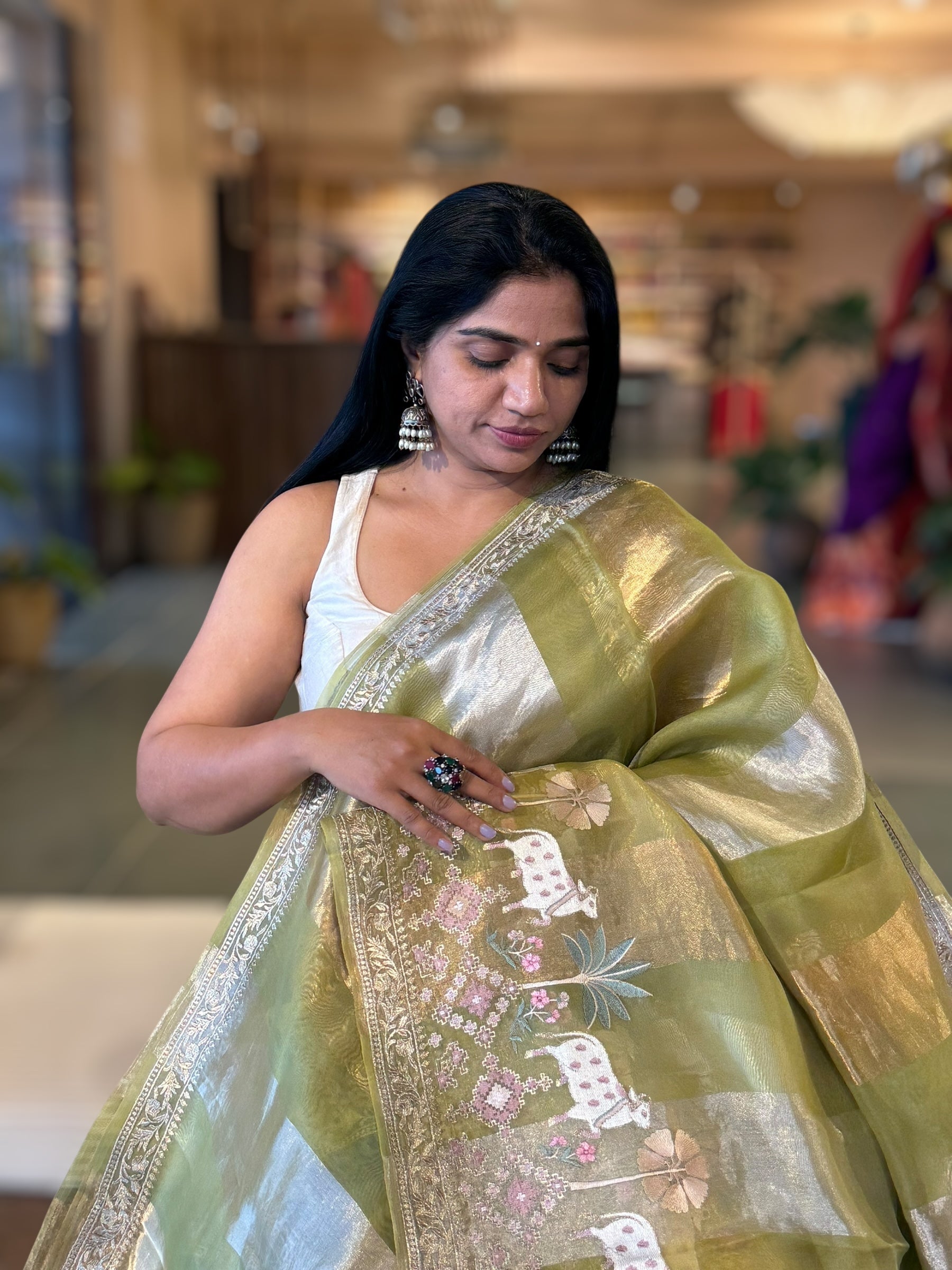 Kora Tissue Stripes Saree With Jamdani  & Pichwai embroidered Border