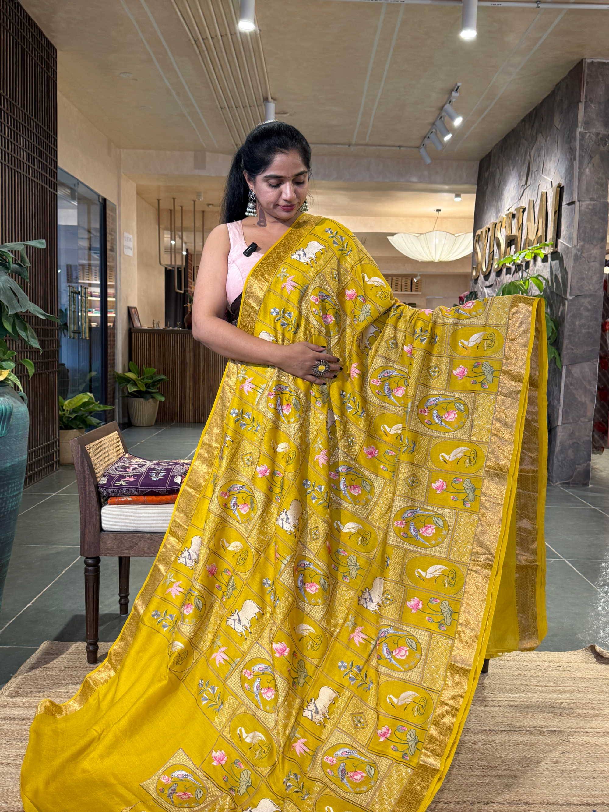 SMSEA110 Mango Yellow Pure Handloom Munga Silk Saree with Pichwai Embroidery