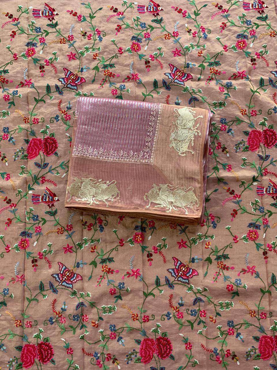 Onion Pink Tissue Stripes Saree with Nandi Border & Tissue Petite Point Blouse