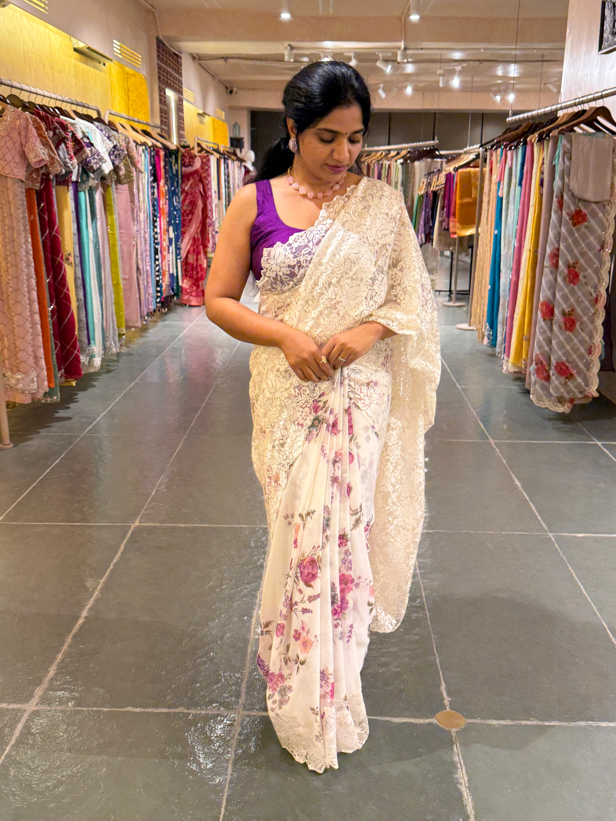 Designer Gorgette Saree with Chantilly lace for Pallu in Half and Half style