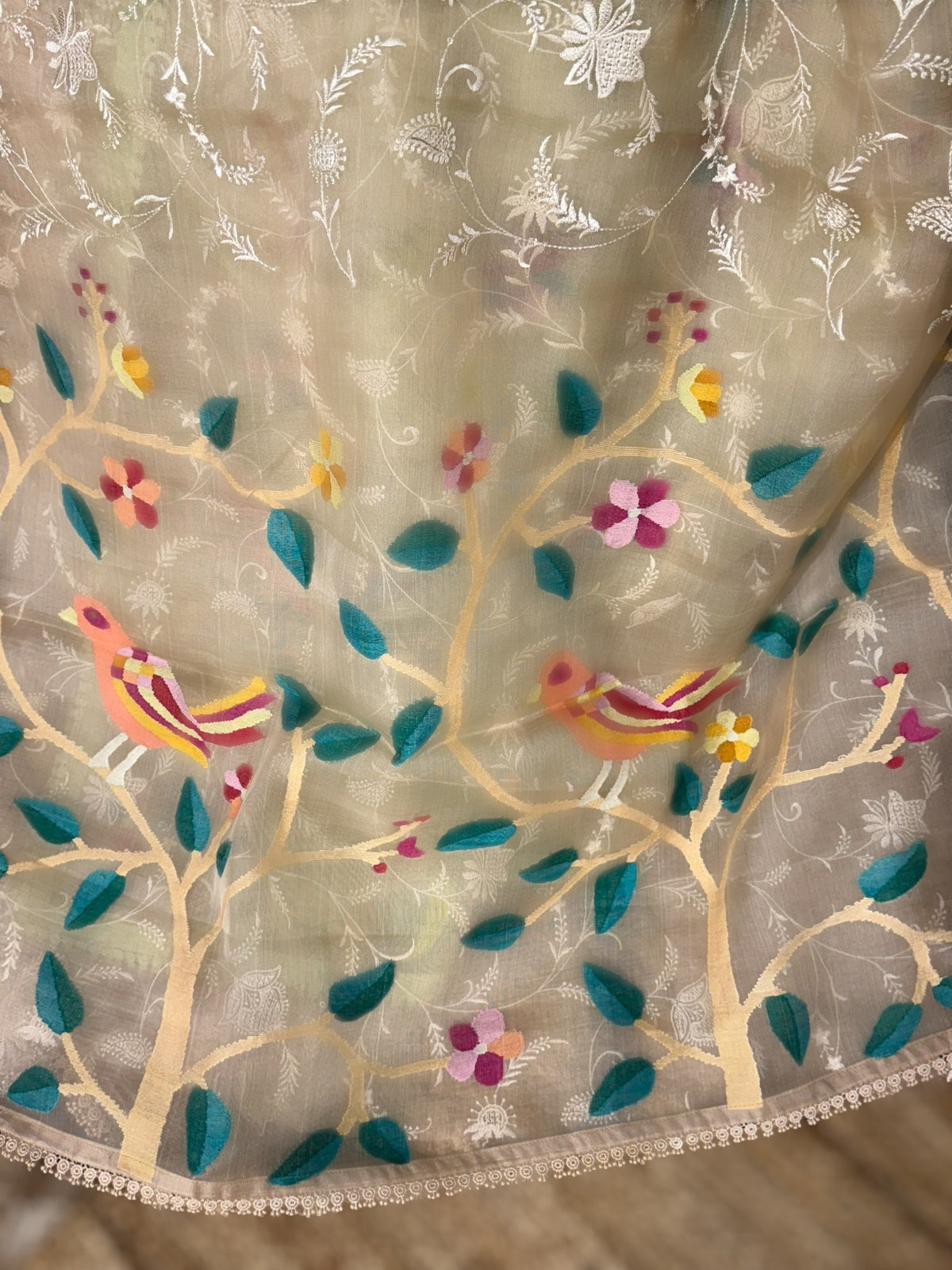 Beige Pure Handloom Muslin Saree with Allover chikankari & Jamdnai Pallus