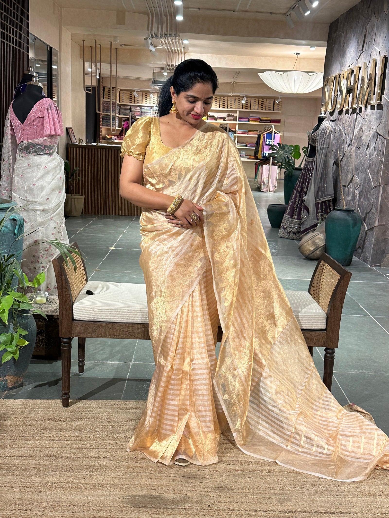 Beige Gild Banarasi Tissue Saree with Kaduwa woven motifs