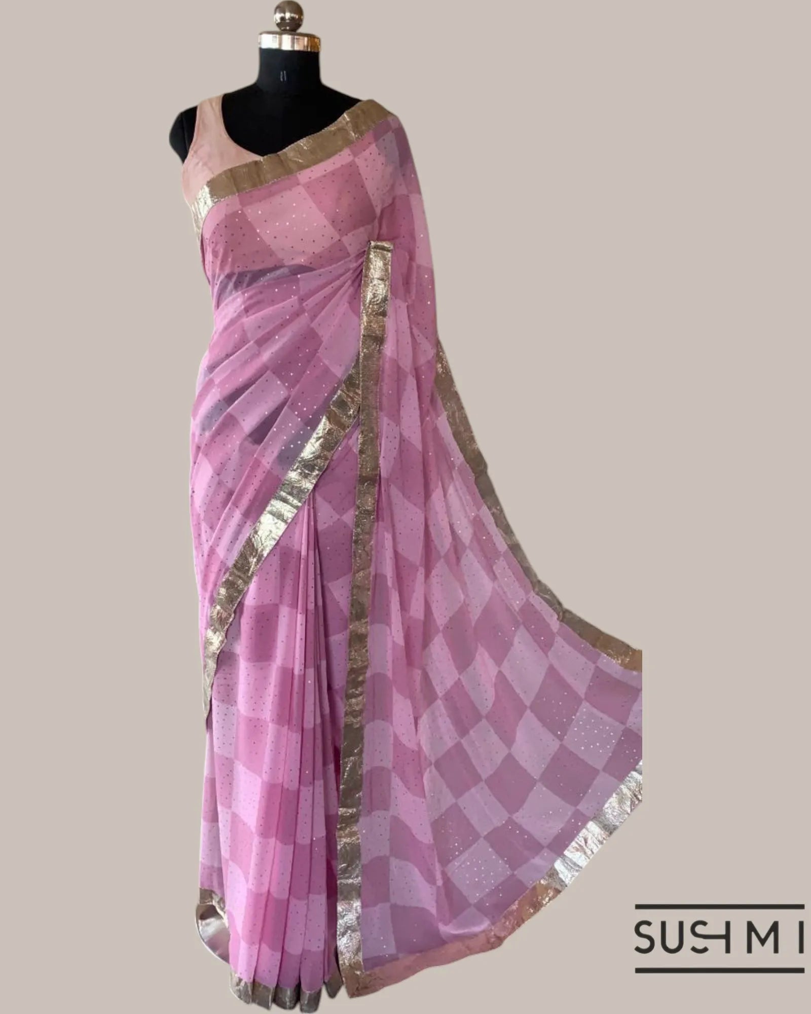 Pure Gorgette Saree in Checks Pattern , Allover Seuence & Hemlined Wth Gota lace