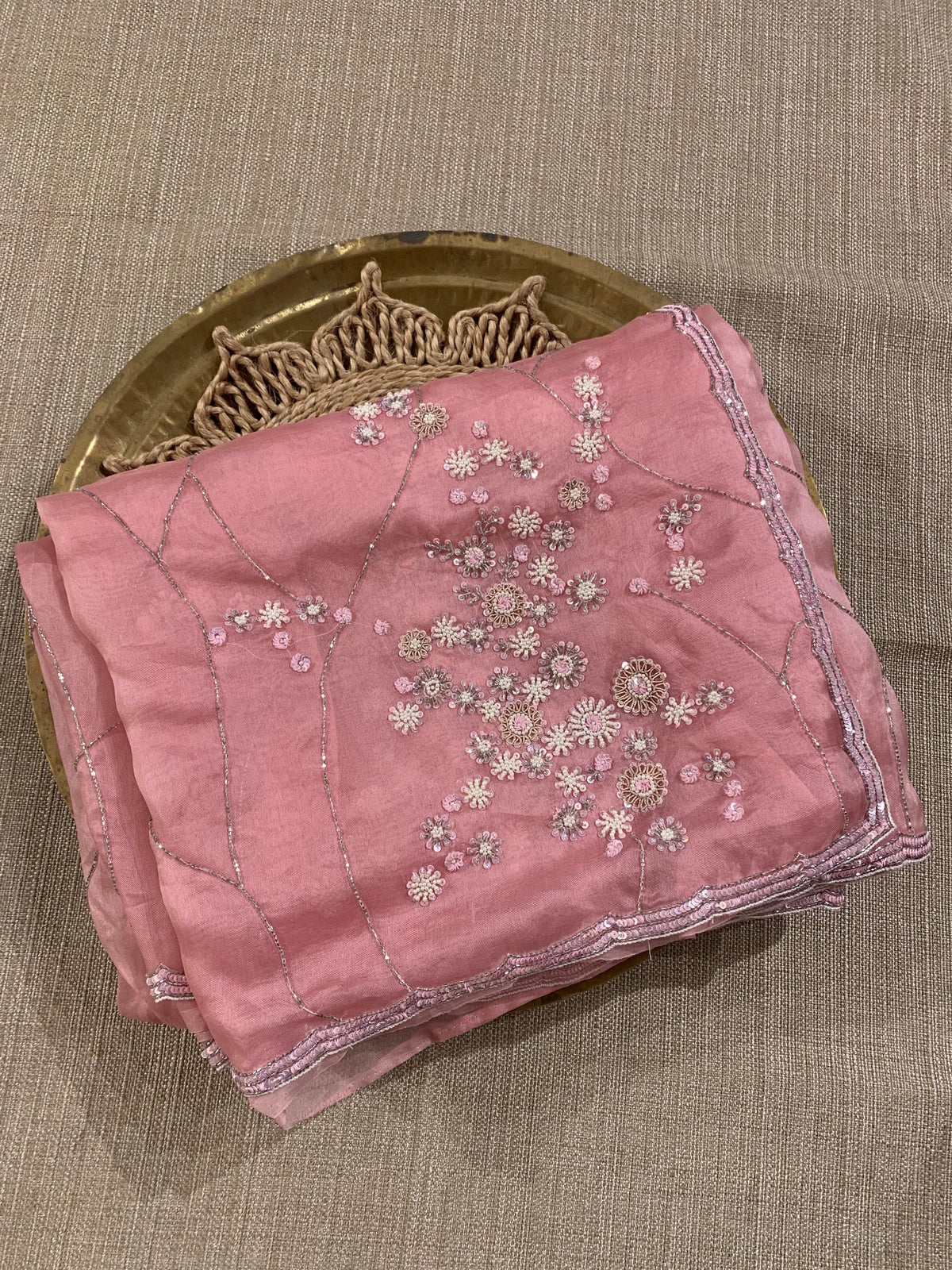 Blush Pink Organza heavy handwork saree