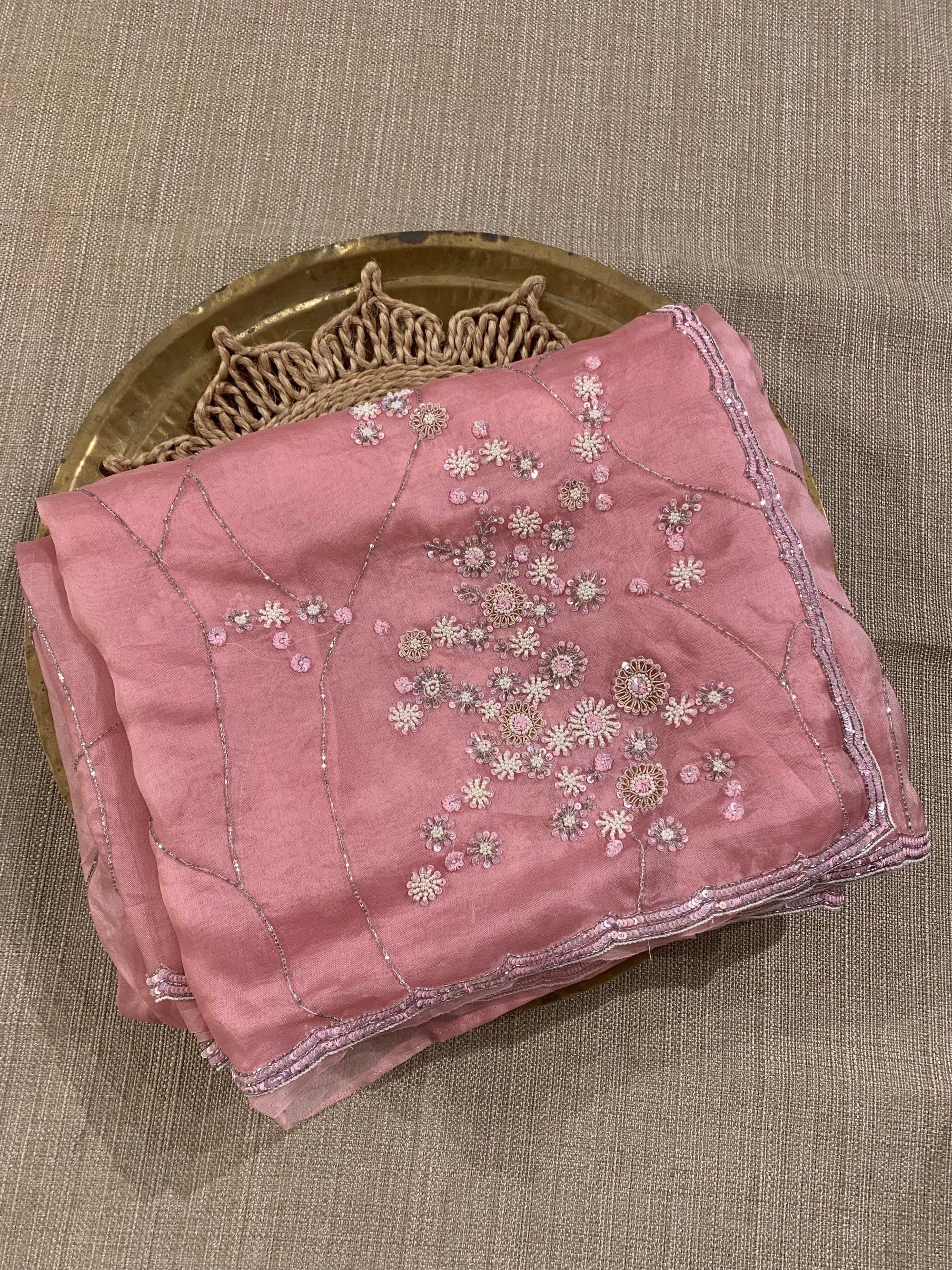 Blush Pink Organza heavy handwork saree