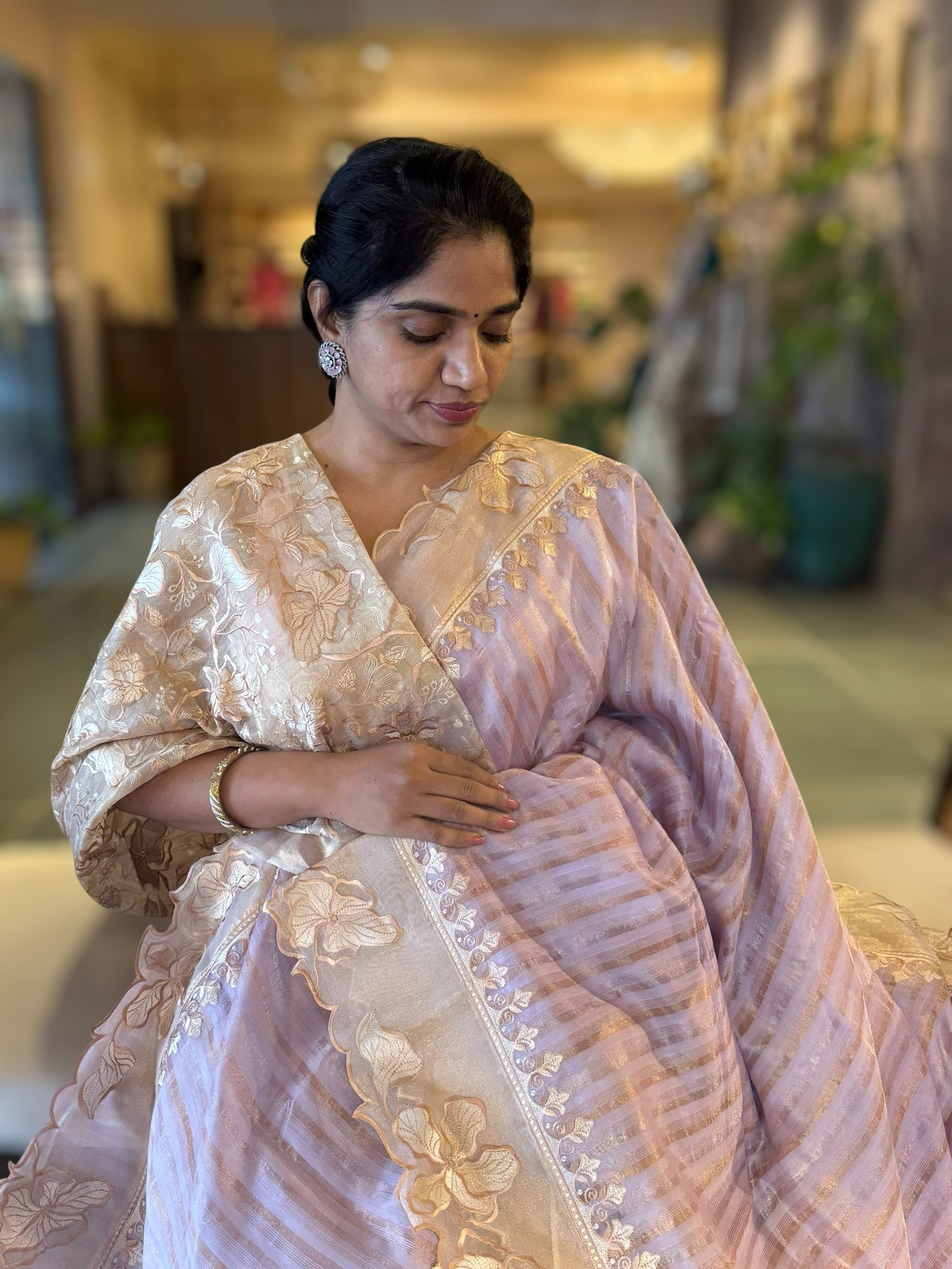 Lilac Mul Tissue Stripes Saree With Tissue Cutwork  Border & Blouse