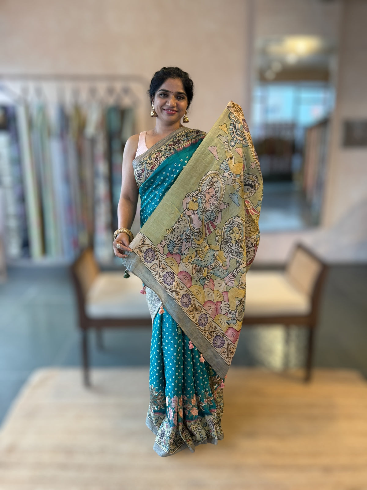 Teal Tussar Bandhini Saree With Pen kalamkari Border & Petite Point Emb Blouse