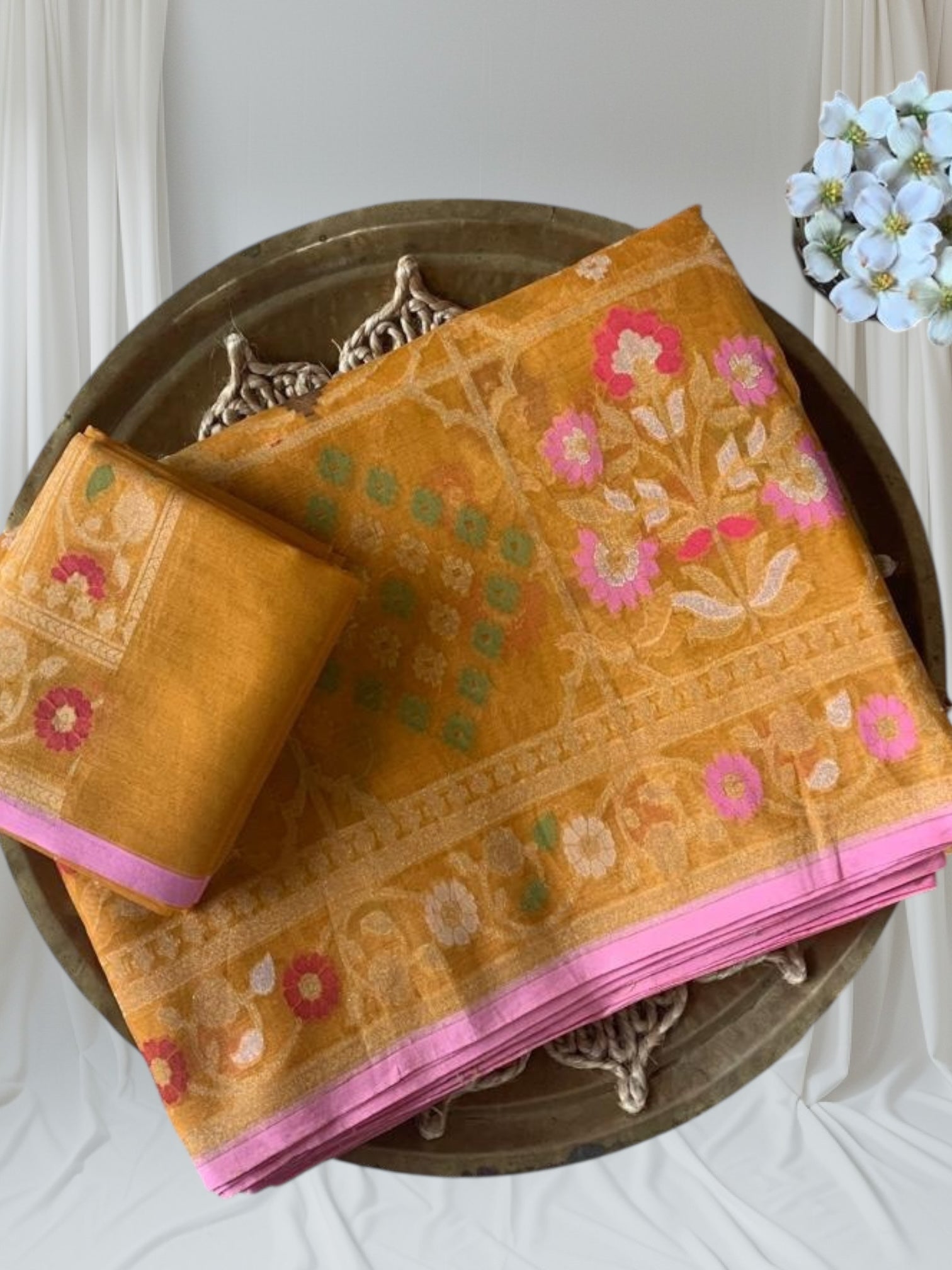 Mustard Banarasi Handloom Kora  Cut Jamdani Saree With Allover Meenakari