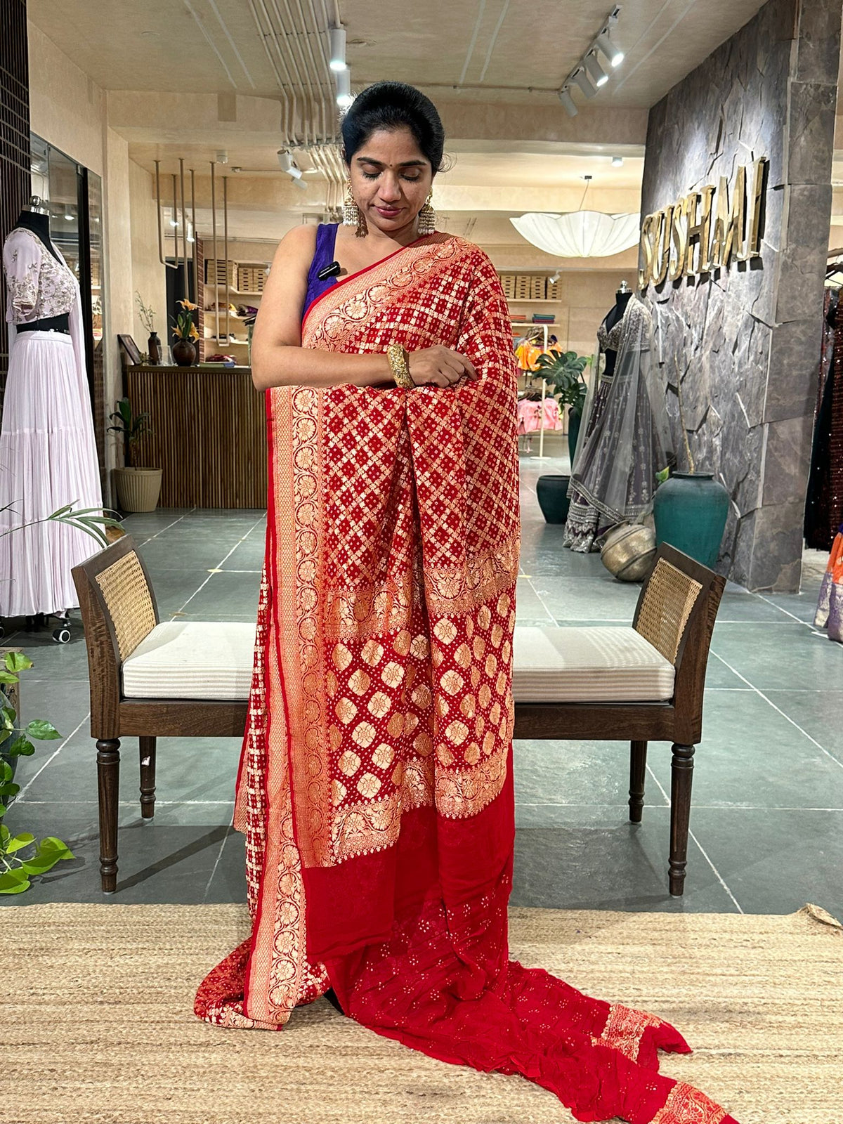 Red banarsi khaddi georgette handmade bandhej work