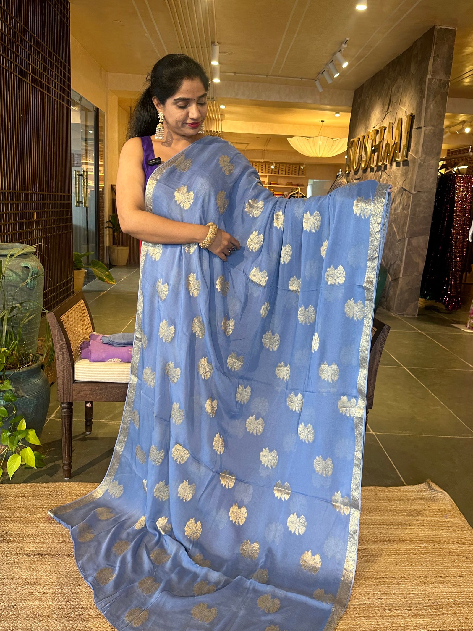 Blue Banarasi Chiffon Saree
