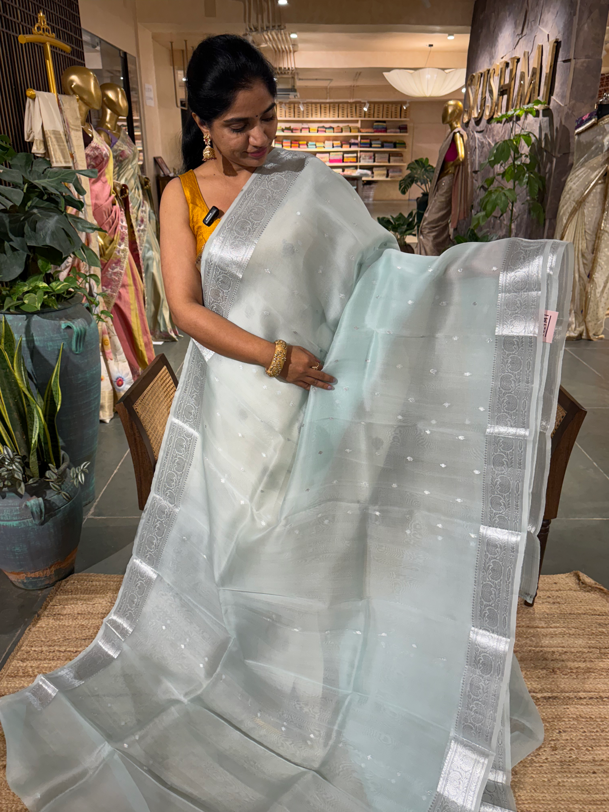 Powder Blue Pure Handloom Kora Banarasi Saree with Silver Zari Weaving