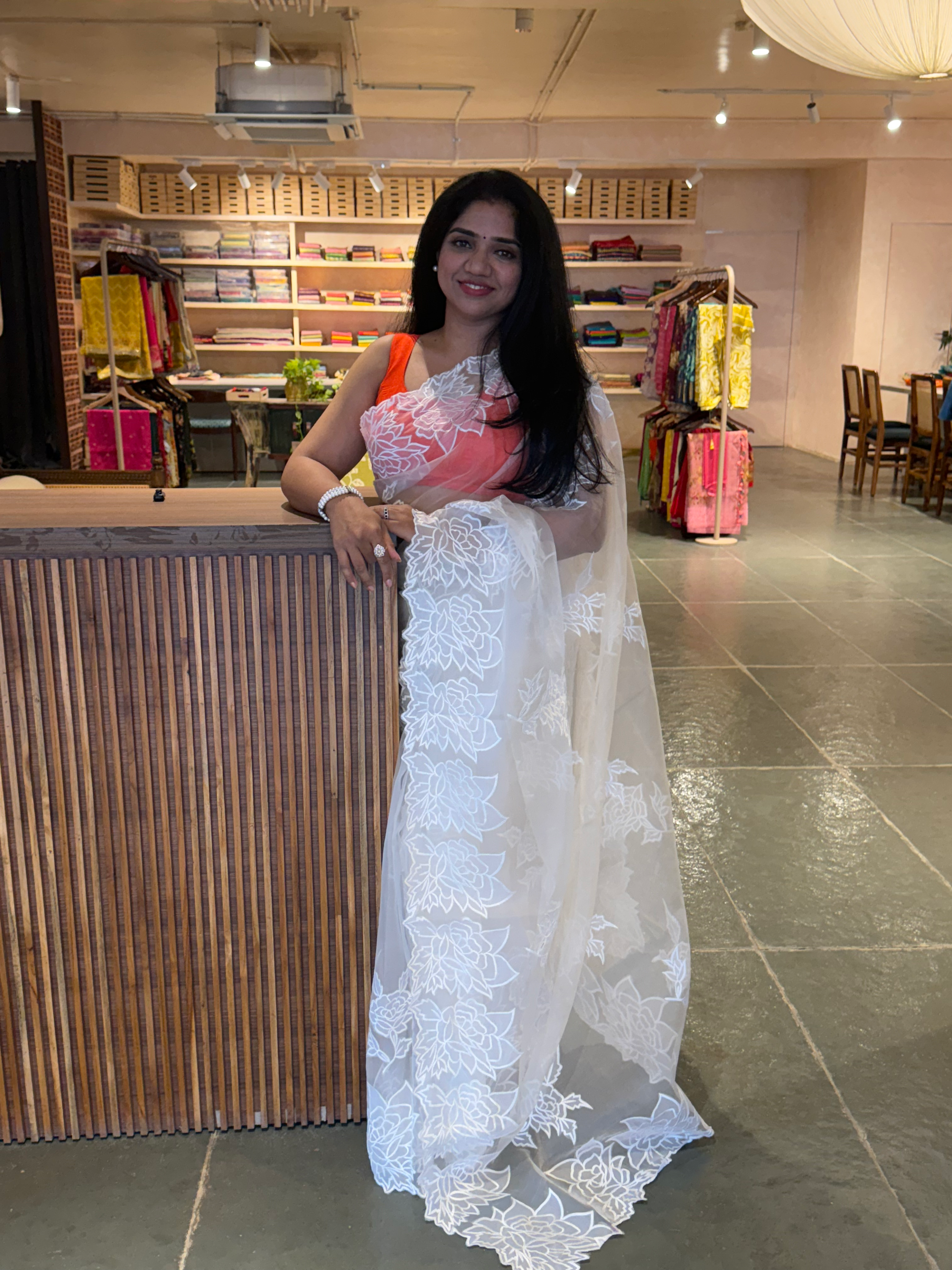 OROSEV1903 : White Organza Saree with Embroidered Rose Border