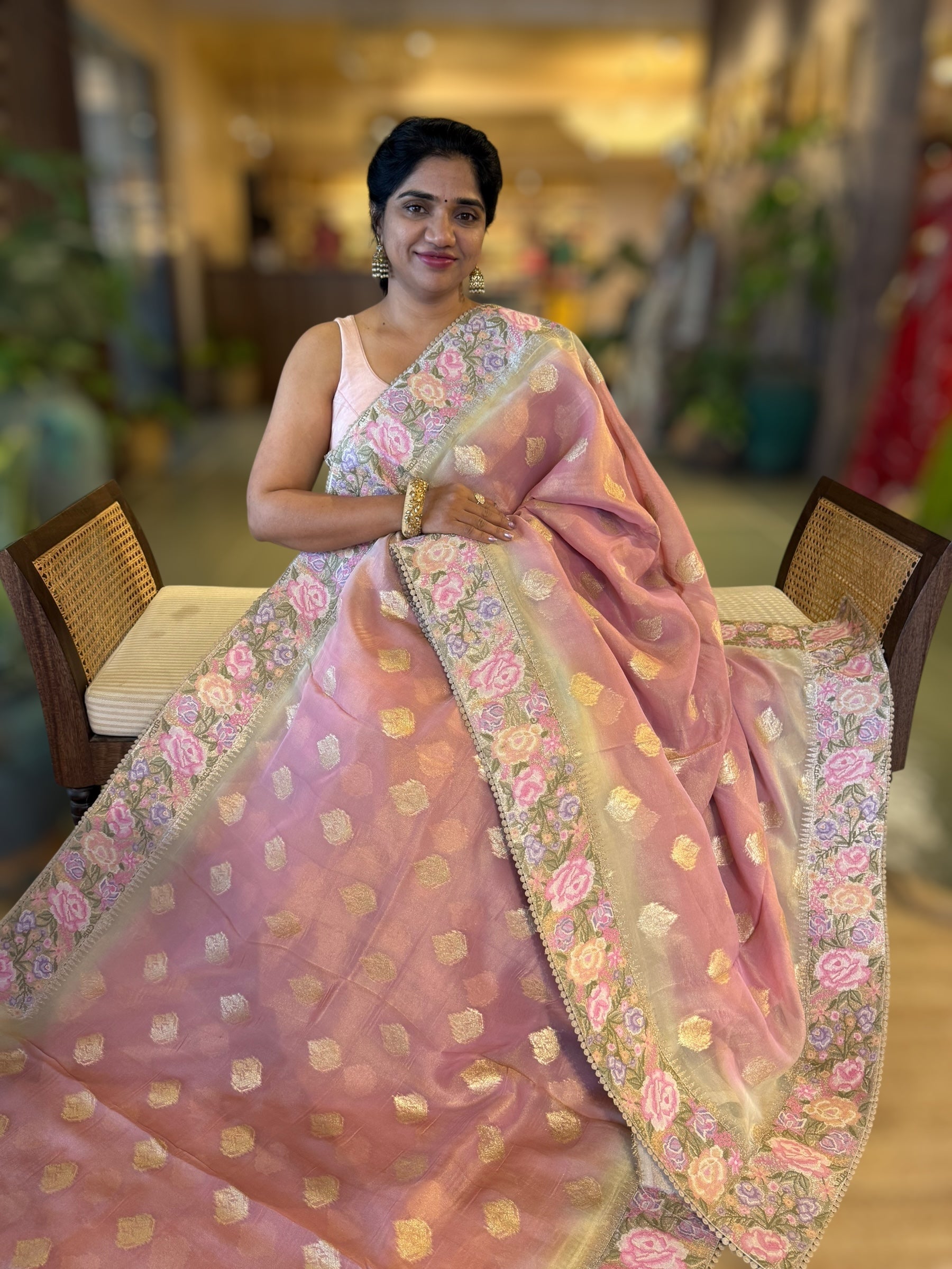 Pastel Pink Banarasi Tissue Gorgette Saree Wth Petite Point Border