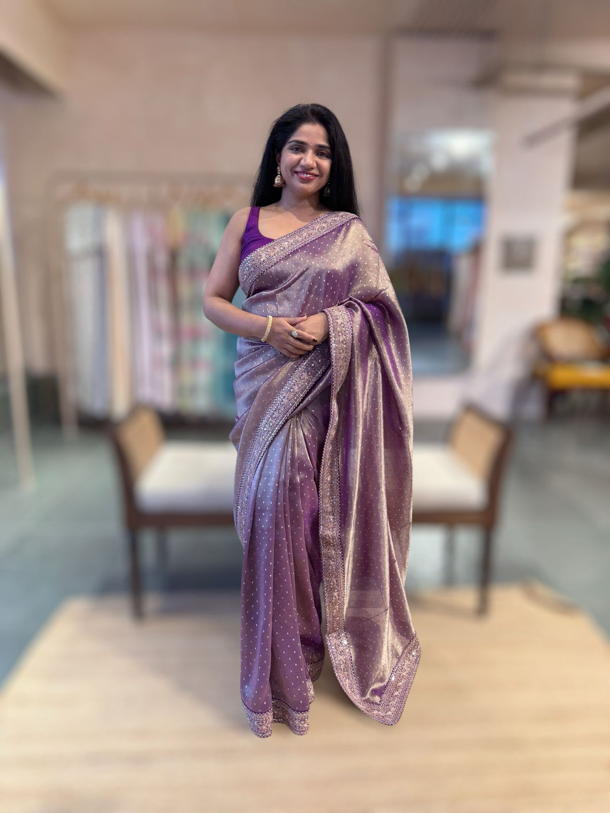 PurpleTissue Gorgette saree witj sabyasachi borders and allover pitawork blouse