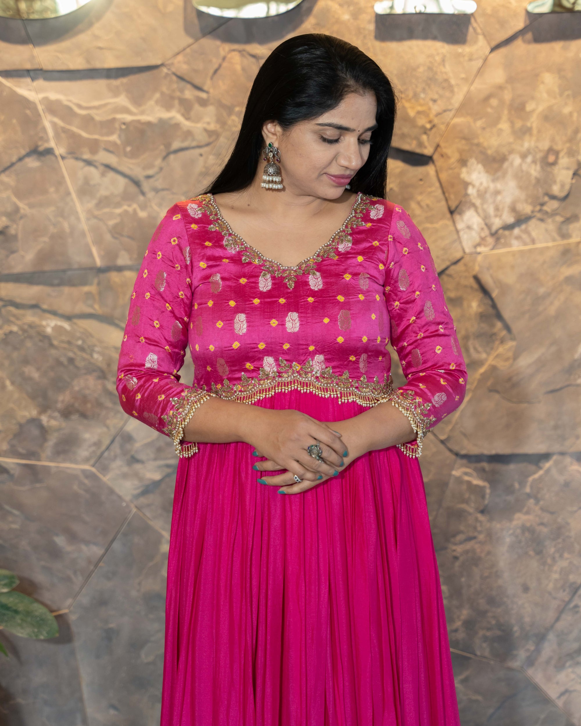 Bandhini Long  Frock with handwork yoke