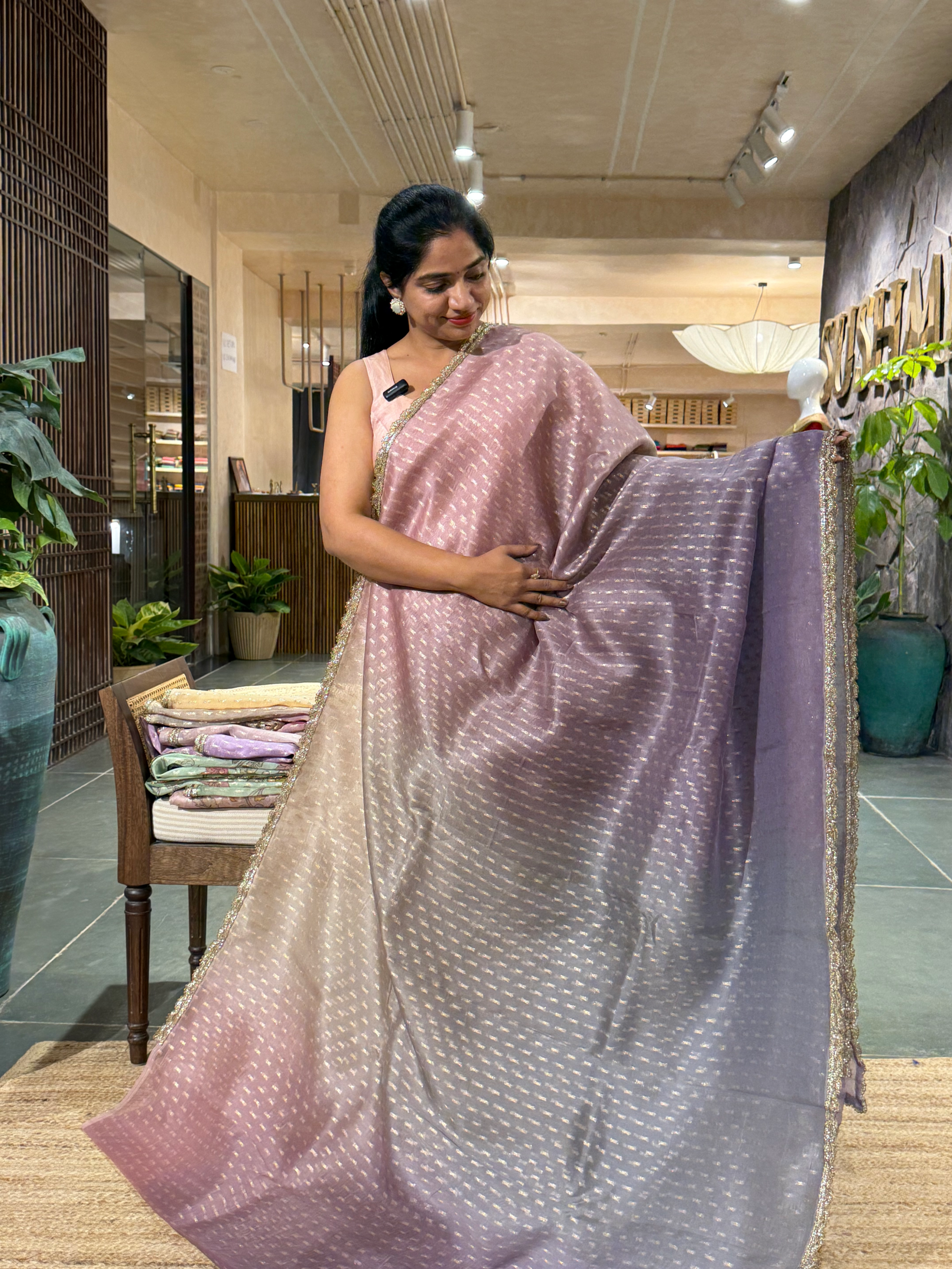 Ombre Dyed Pure Organza Saree with allover zari butis and  Embroidered Blouse