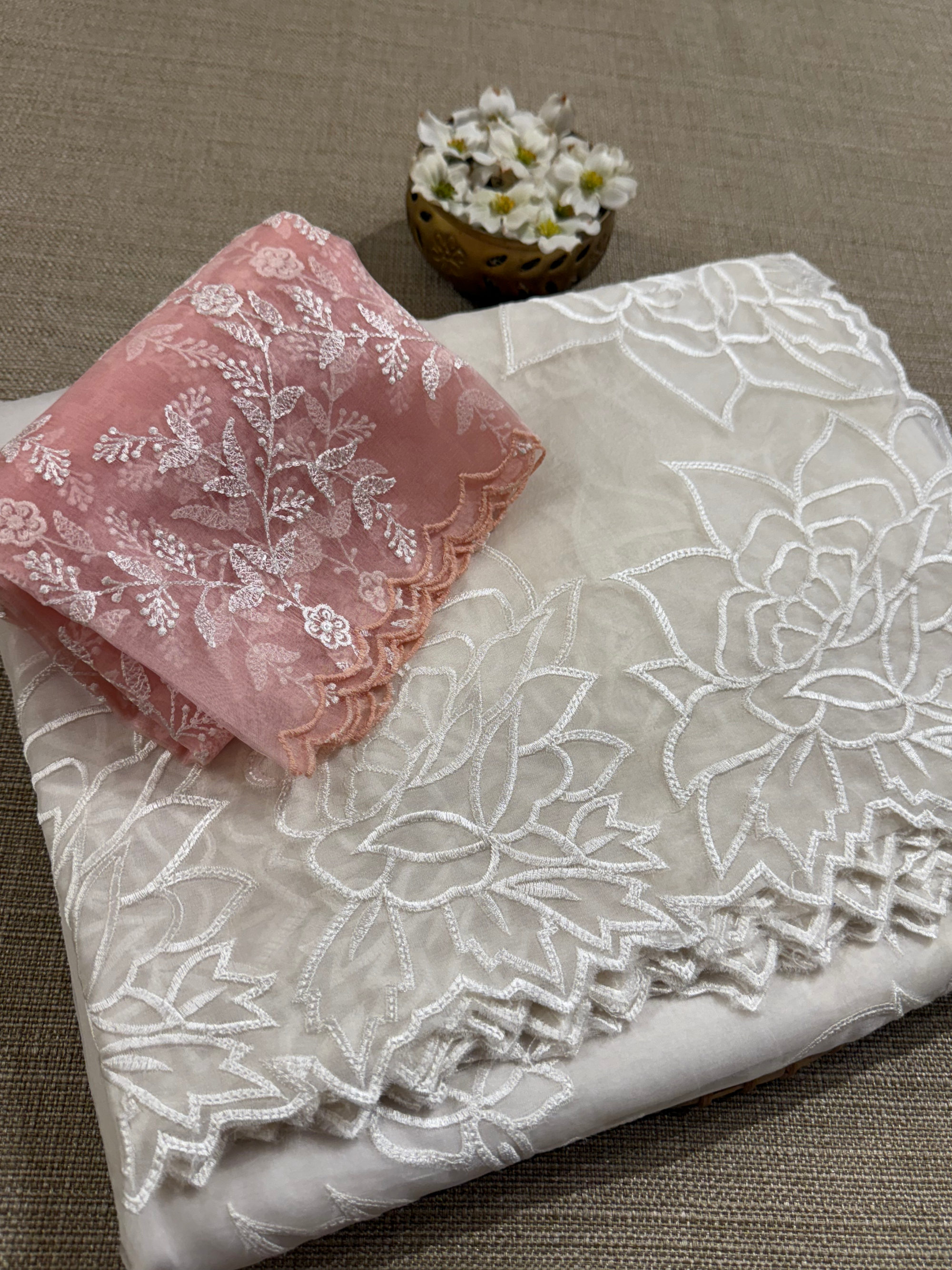 OROSEV1901 : White Organza Saree with Embroidered Rose Border