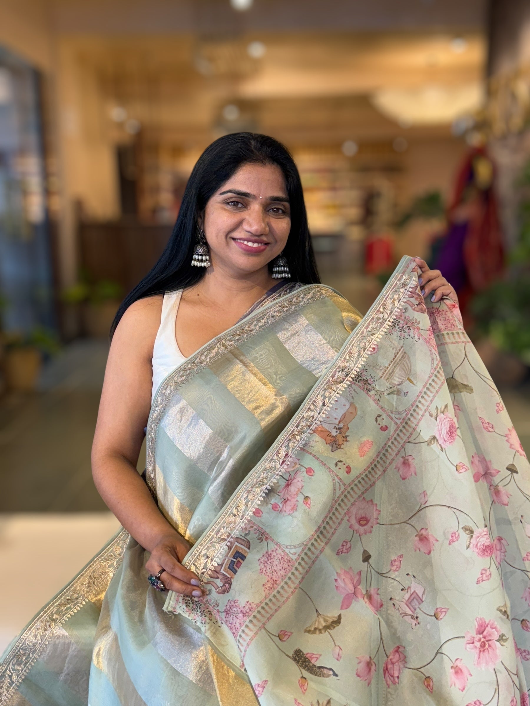 Pista Green Kora Tissue Stripes Saree With Jamdani  & Pichwai embroidered Border