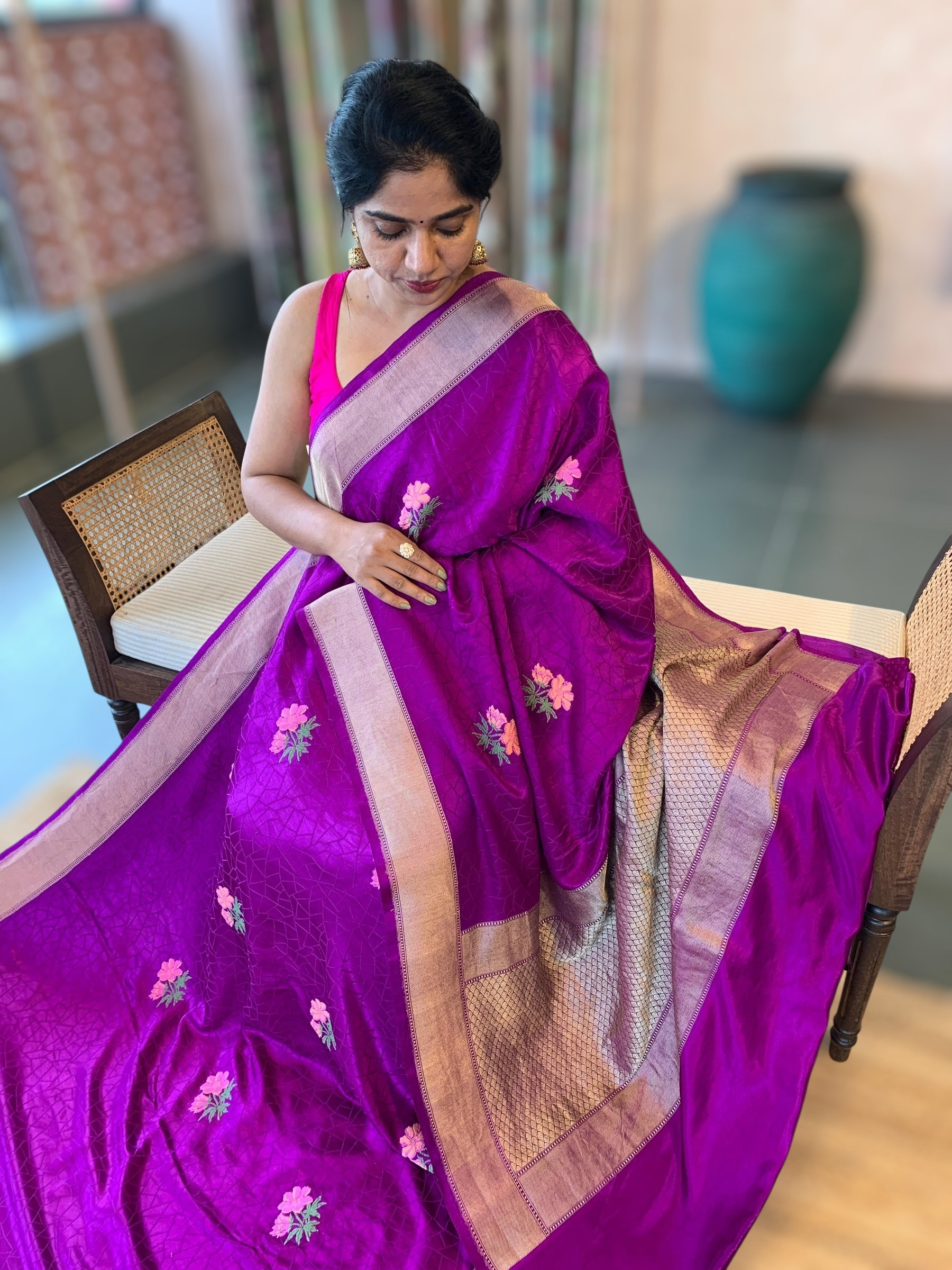 Purple Designer Banarasi Mashru Silk Saree with Petite Point Embroidered flo