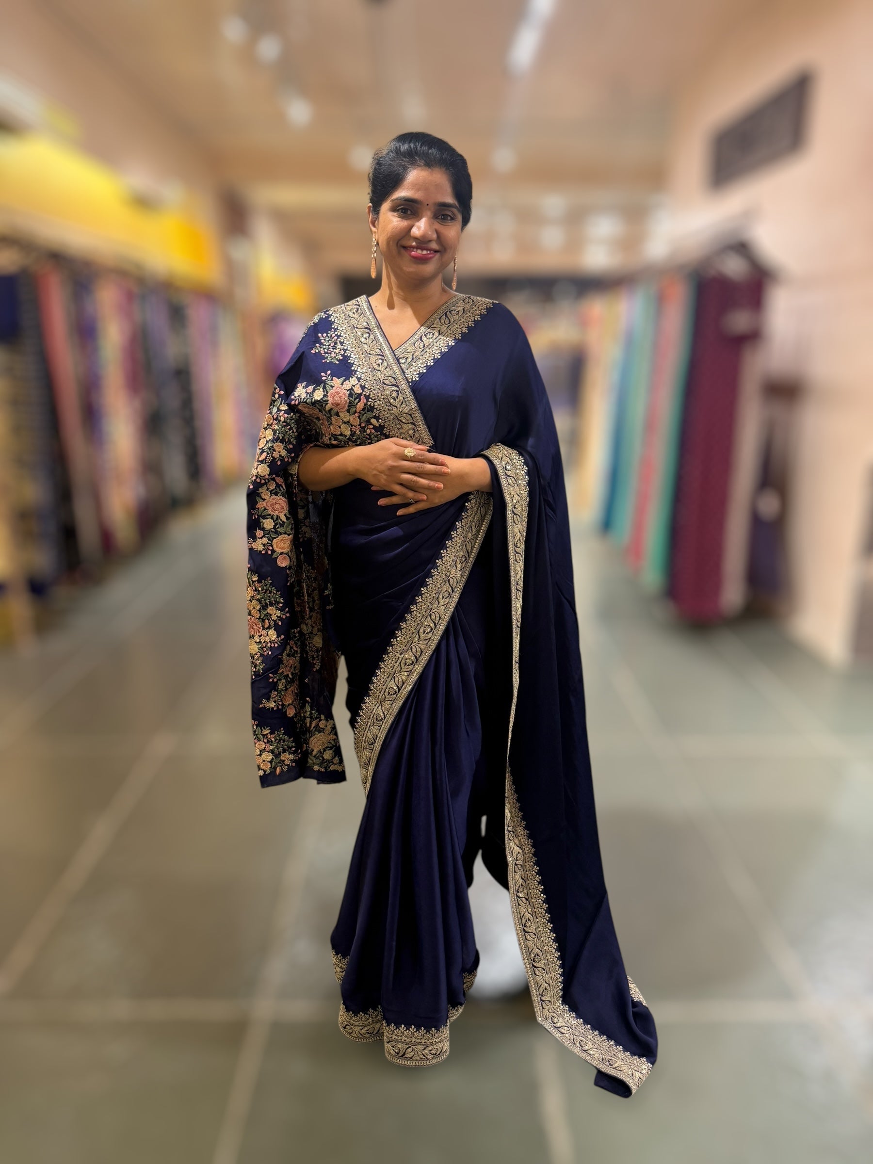Midnight Blue Pure Satin Silk Saree With Sabhya Borders & Allover Emb Blouse