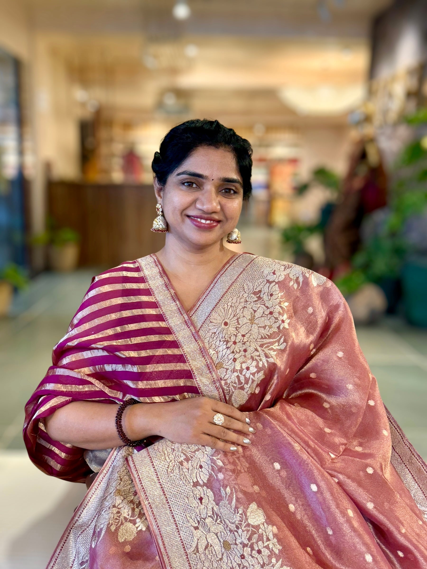 OnionPink Banarasi Tissue Saree With Tissue Embriodered Border & Stripes BP