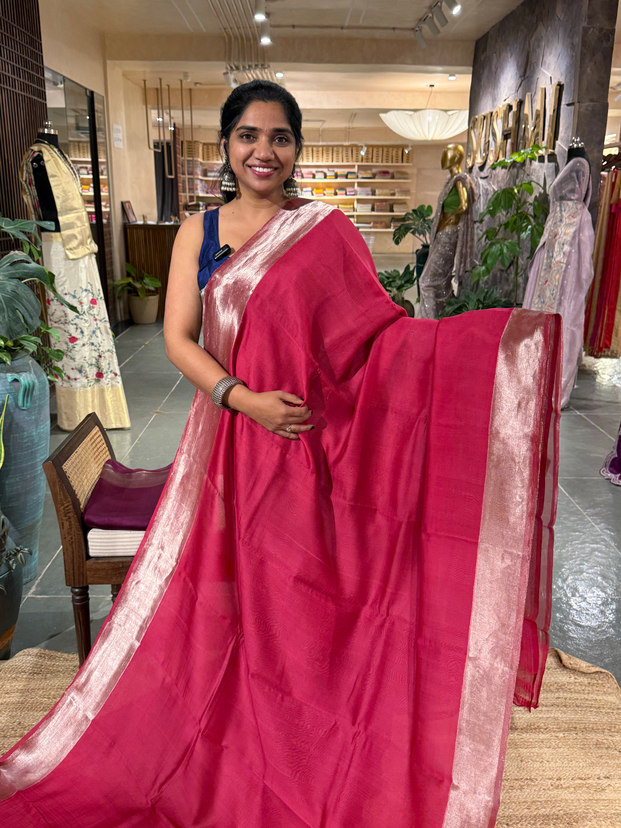 Dark Pink Tussar Kora Saree Wth Tissue Border & Pallu Paired Wth Brocade Blouse
