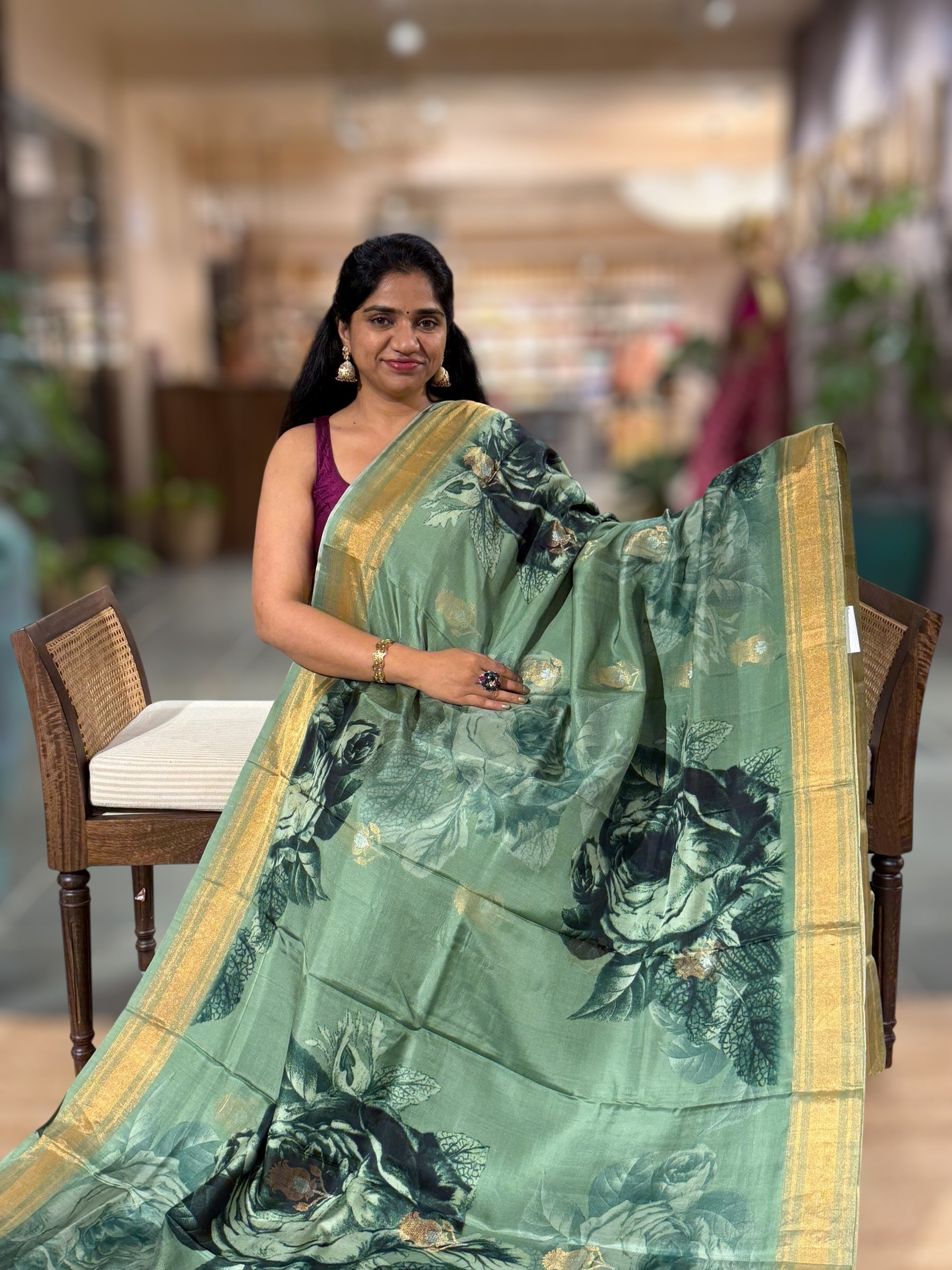 Sage Green Printed Kanchi Soft Silk Saree with Bold Rose Flower Print.