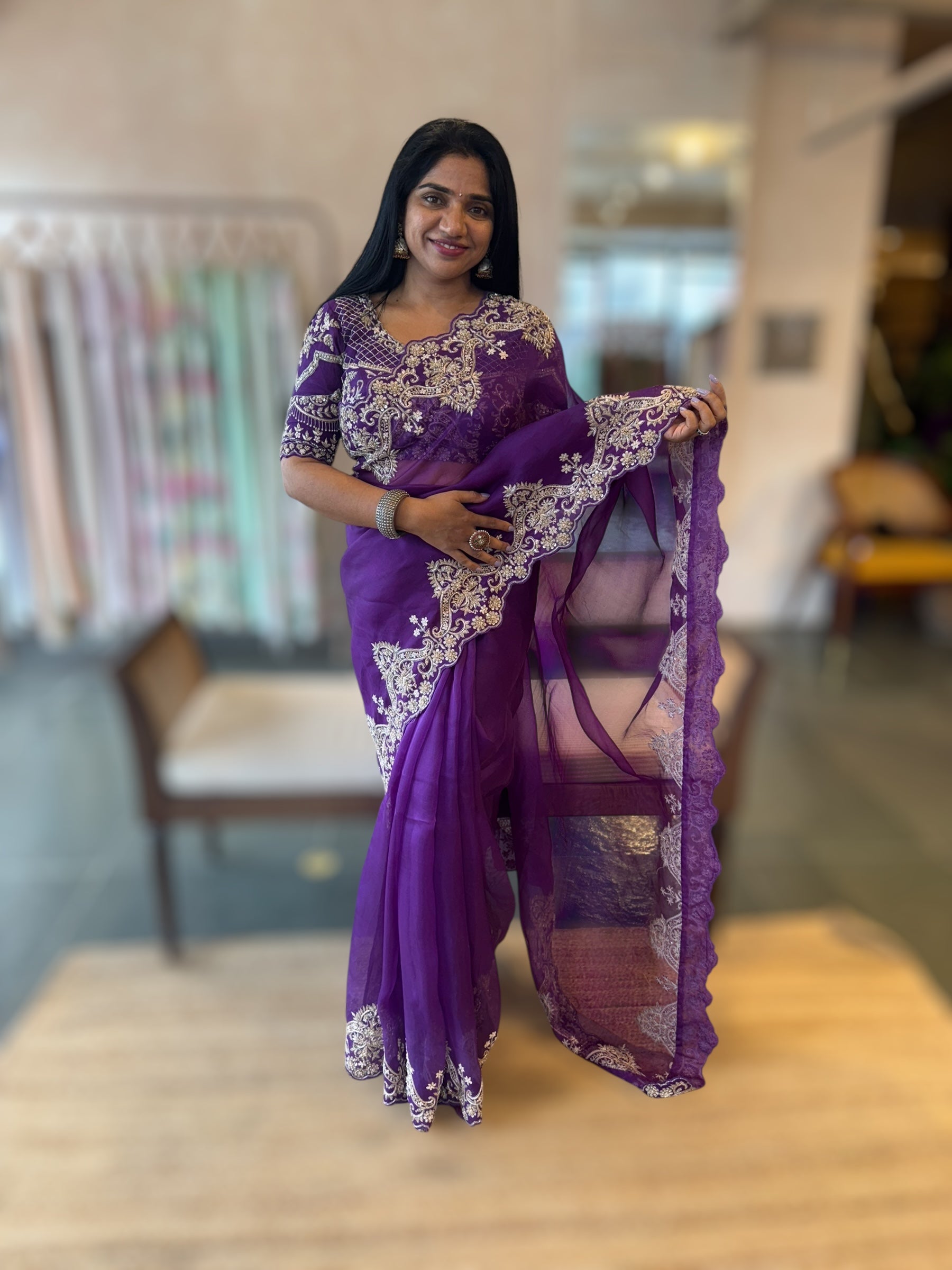 Purple Organza Heavy Handwork Saree