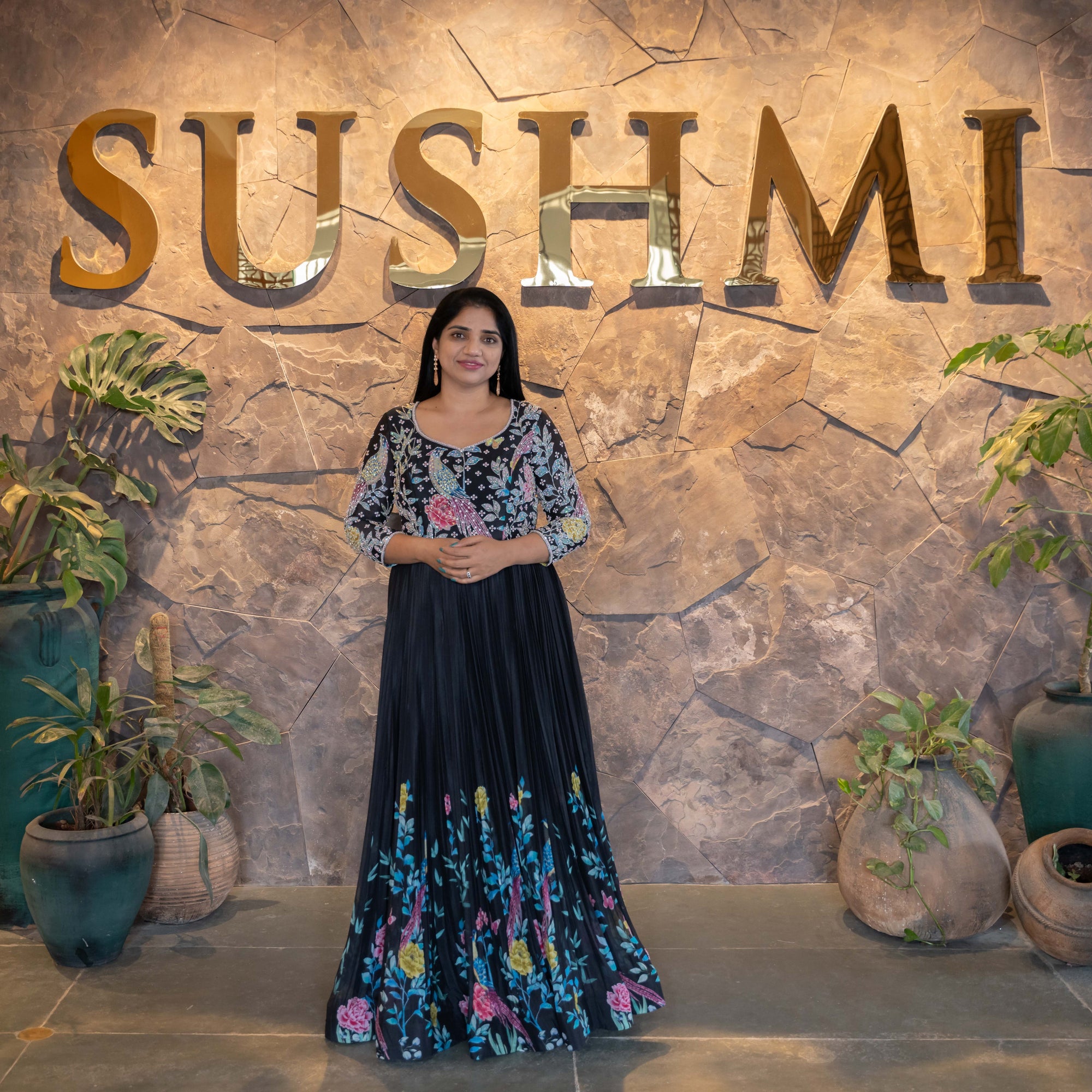 Pure Chinnon Printed Long Frock with handwork yoke