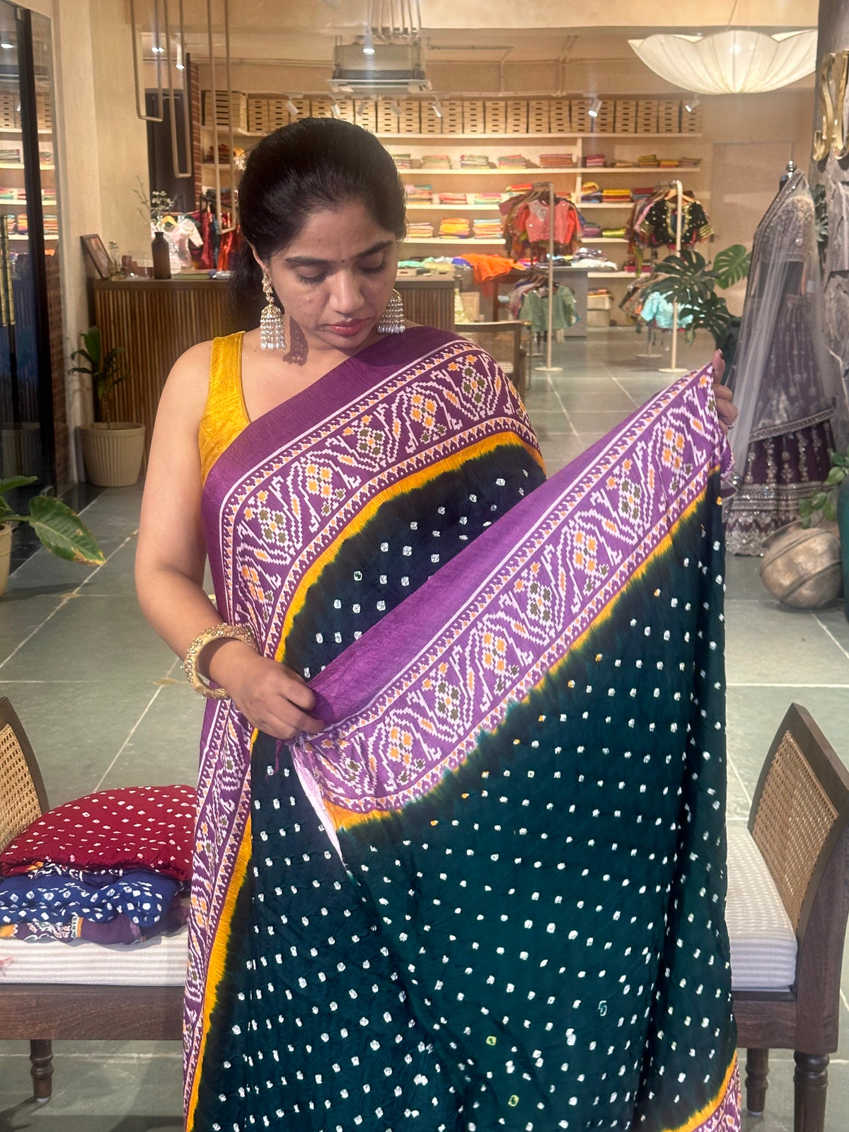 Modal satin Bandhej saree with patola printed border and pallu