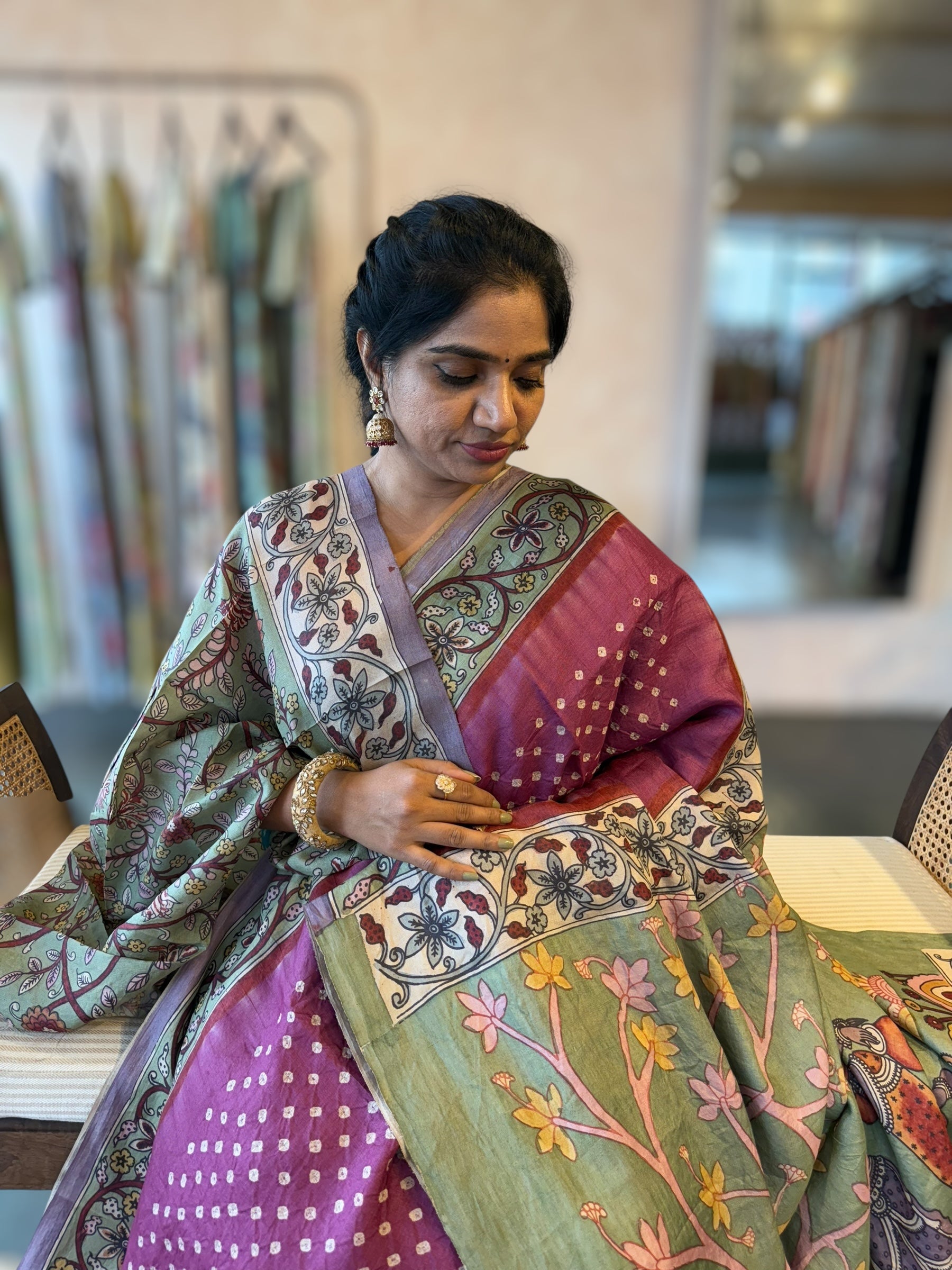 Tussar Bandhini Saree With Pen kalamkari Border & Petite Point Emb Blouse