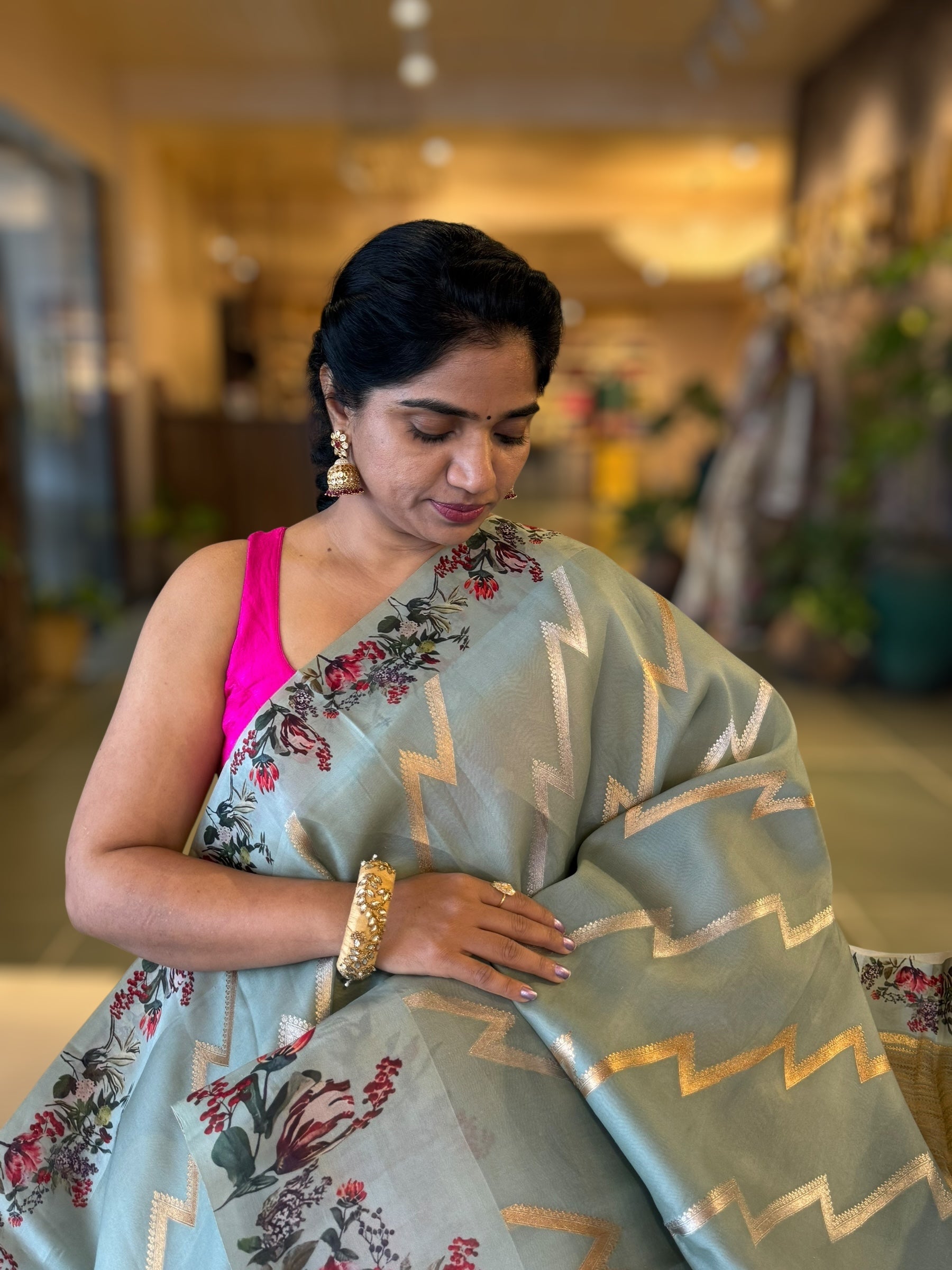 Greyish Blue Designer Premium Handloom Kora Banarasi with Printed Borders
