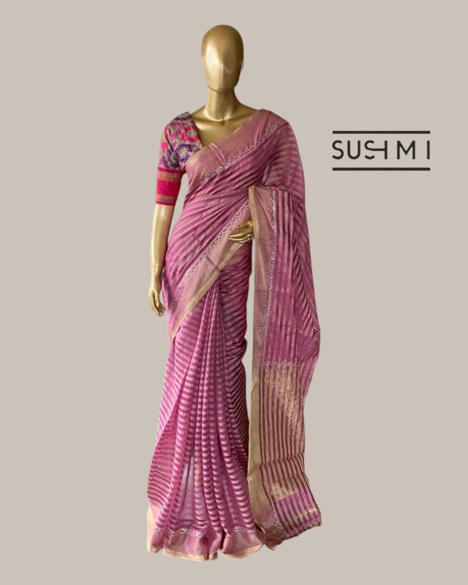 Chanderi Tissue Stripes Saree With Pitawork Scallop Borer