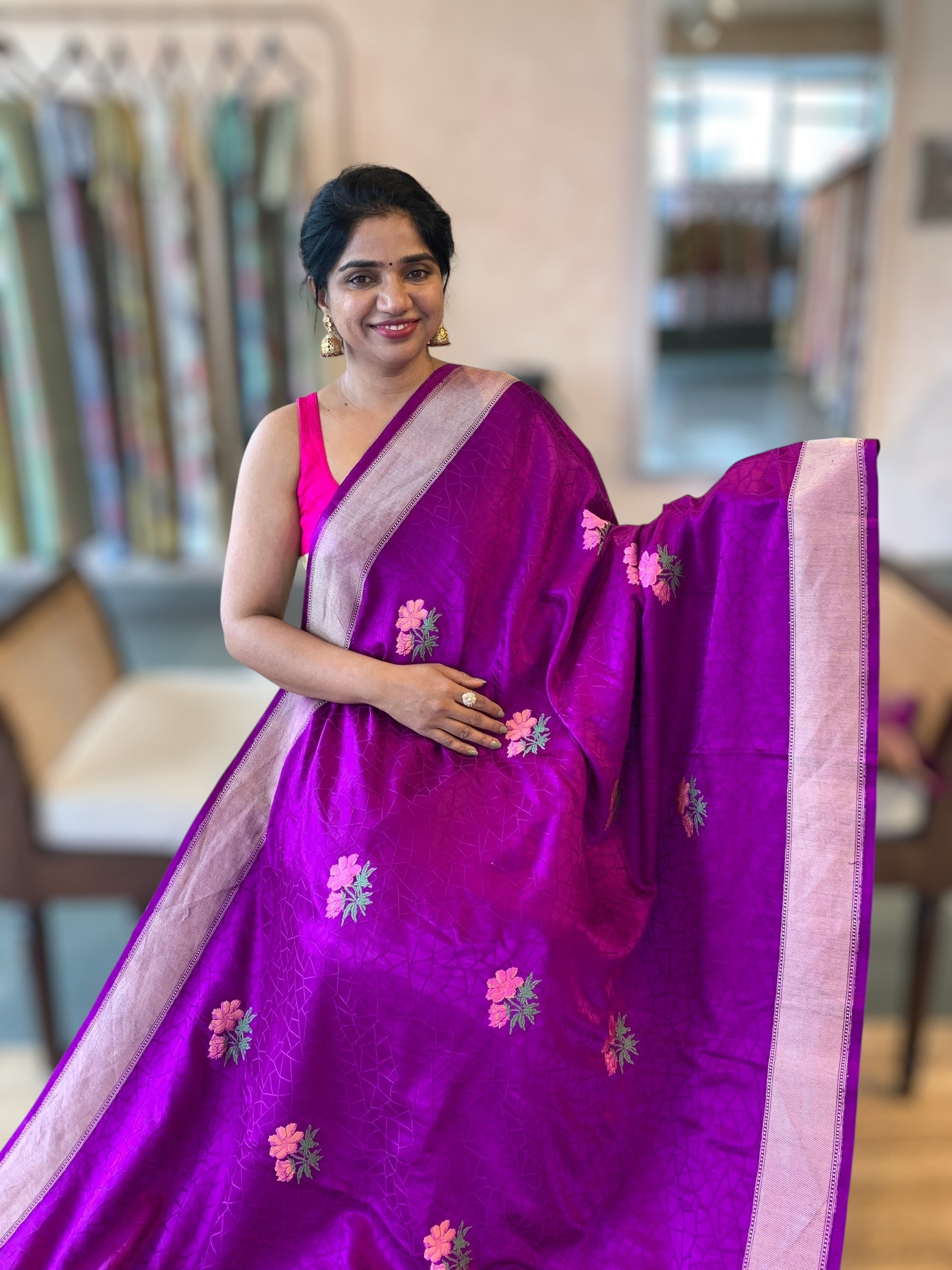 Purple Designer Banarasi Mashru Silk Saree with Petite Point Embroidered flo