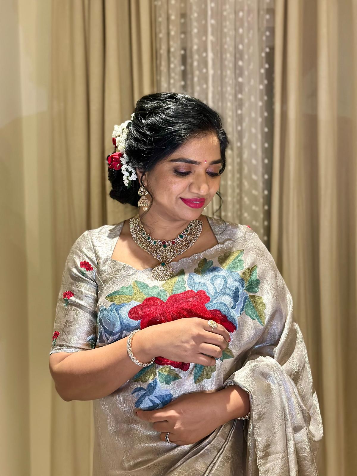 Silver Kanchi Brocade Tissue Saree with Statement Floral Embroidered Roses