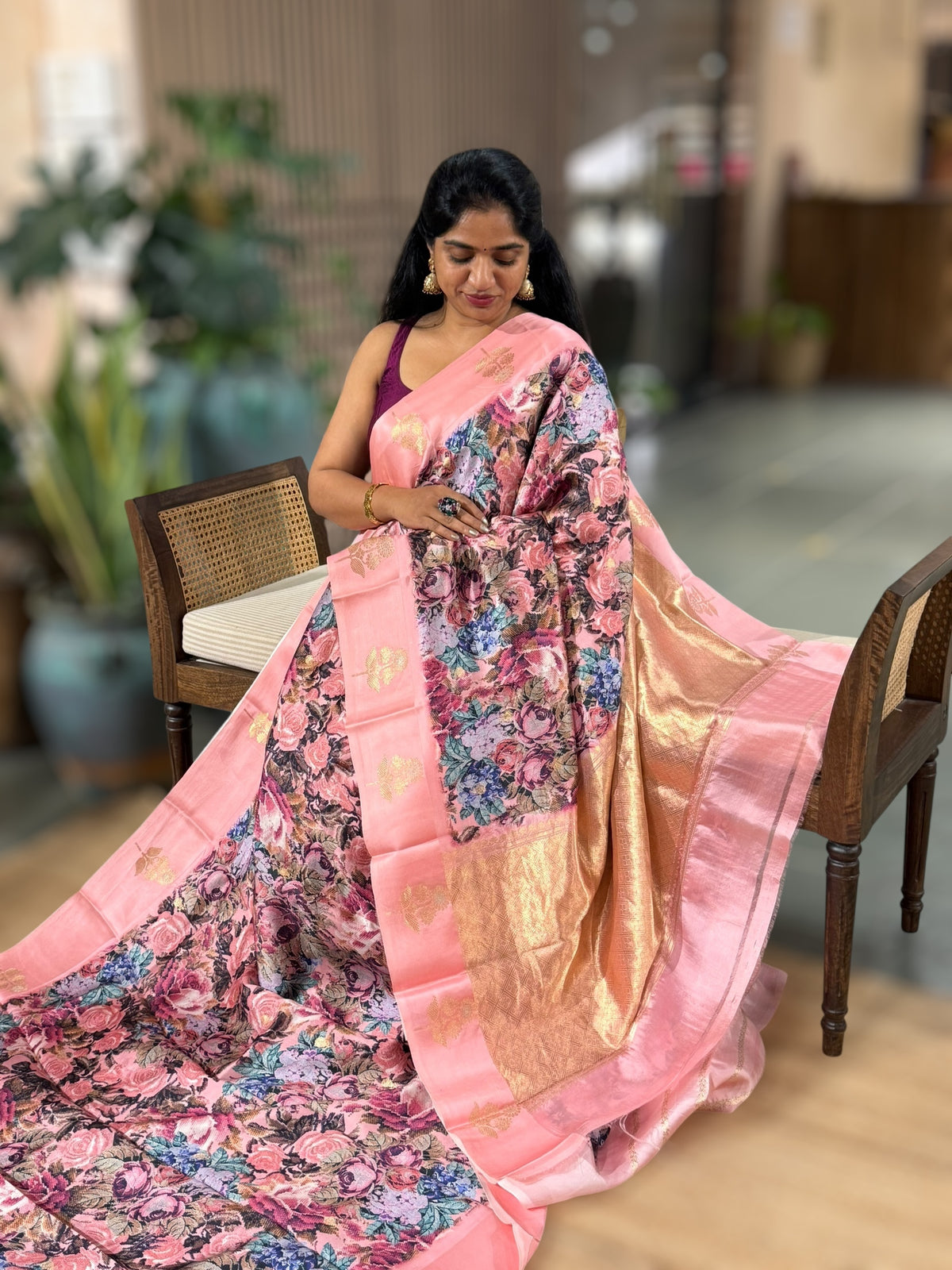 Neon Pink Kanchi Soft Silk with beautiful Rose Floral Print