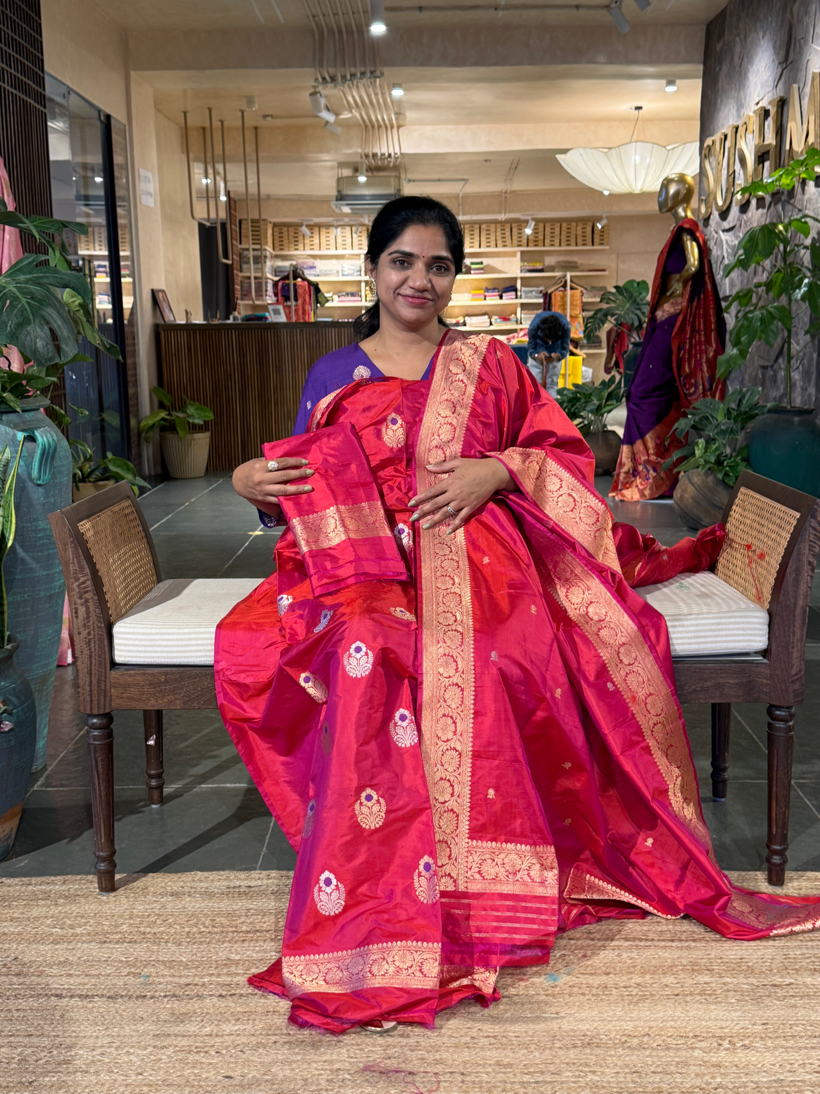 Reddish Pink Katan Silk  3 pc Suit Set with meenakari kaduwa weaving