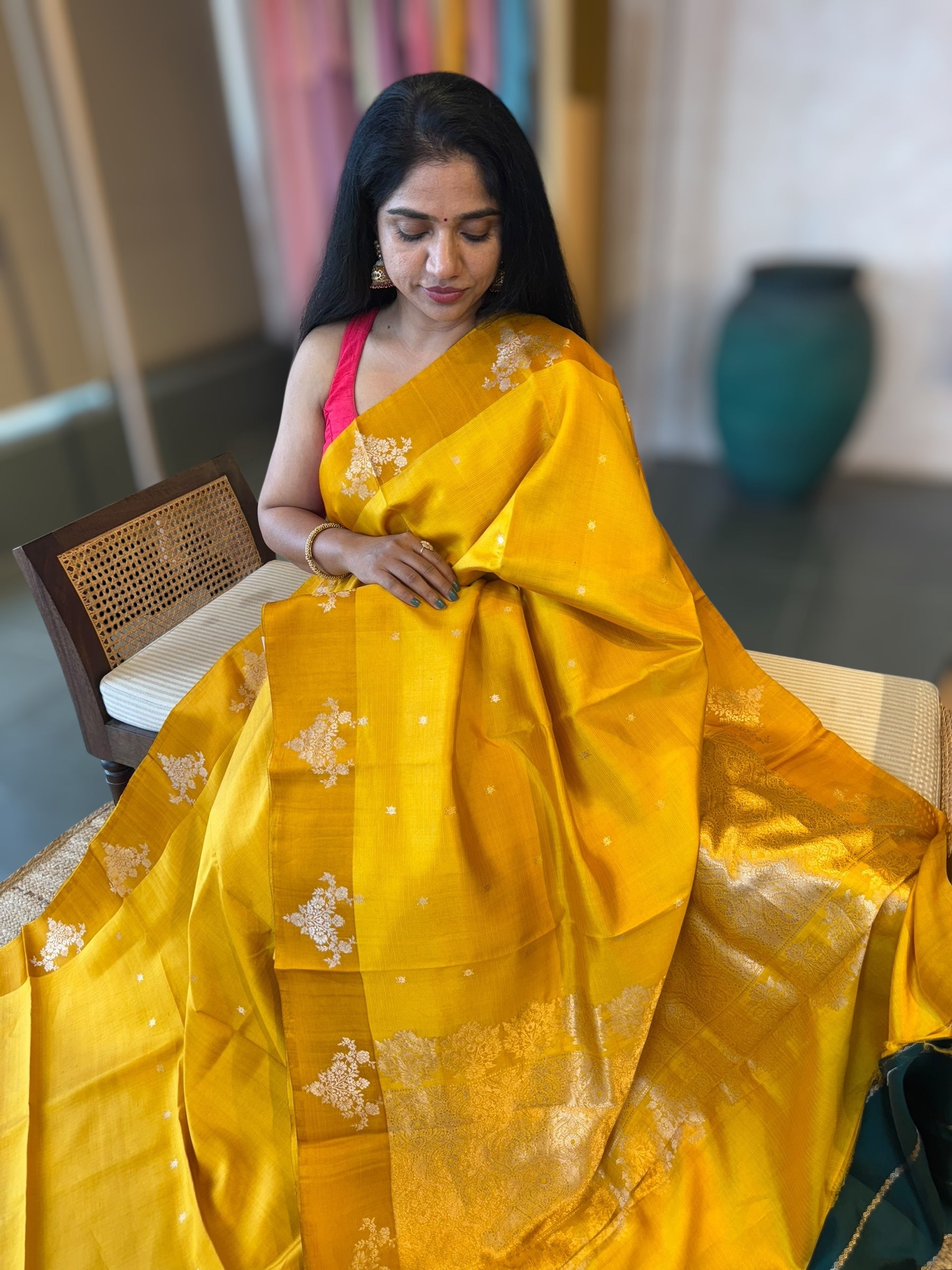 Mustard Yellow Banarasi Raw Mango Silk Saree with Open Borders & Kaduwa Weaving