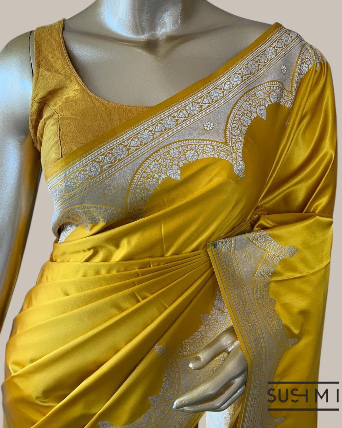 Mustard Mashru Silk Saree With Scalloped Border