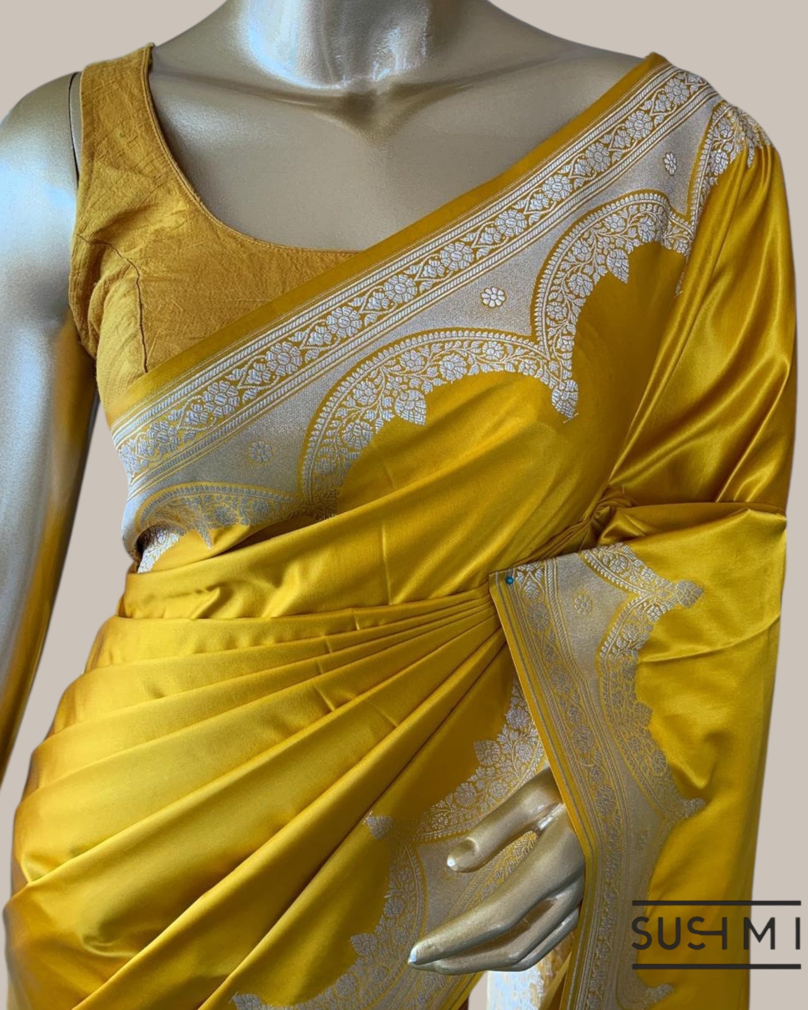 Mustard Mashru Silk Saree With Scalloped Border