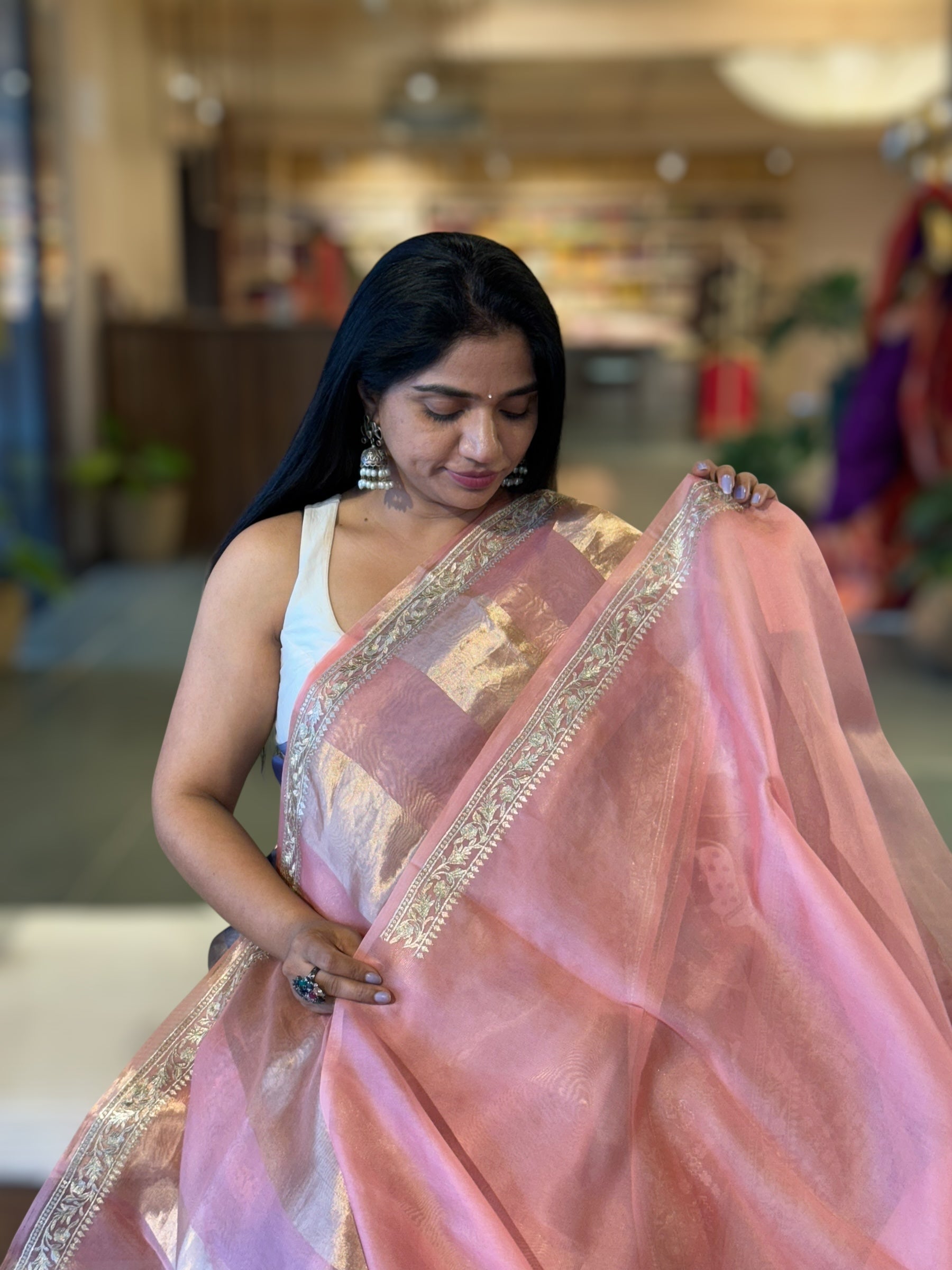 Peach Pink Kora Tissue Stripes Saree With Jamdani  & Pichwai embroidered Border