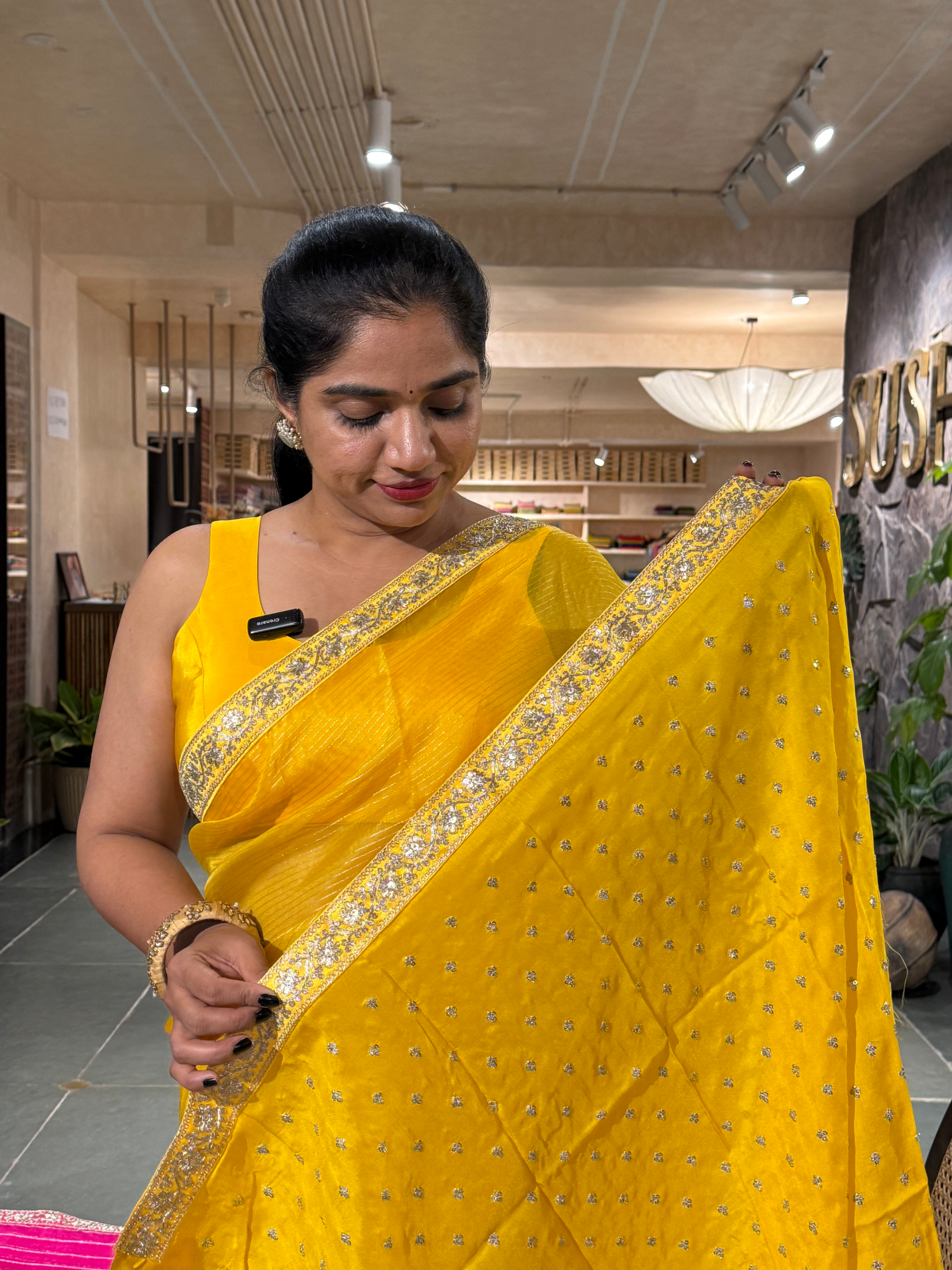SOSSM2901 Yellow Organza Saree hemlined with Sabhyasachi Borders