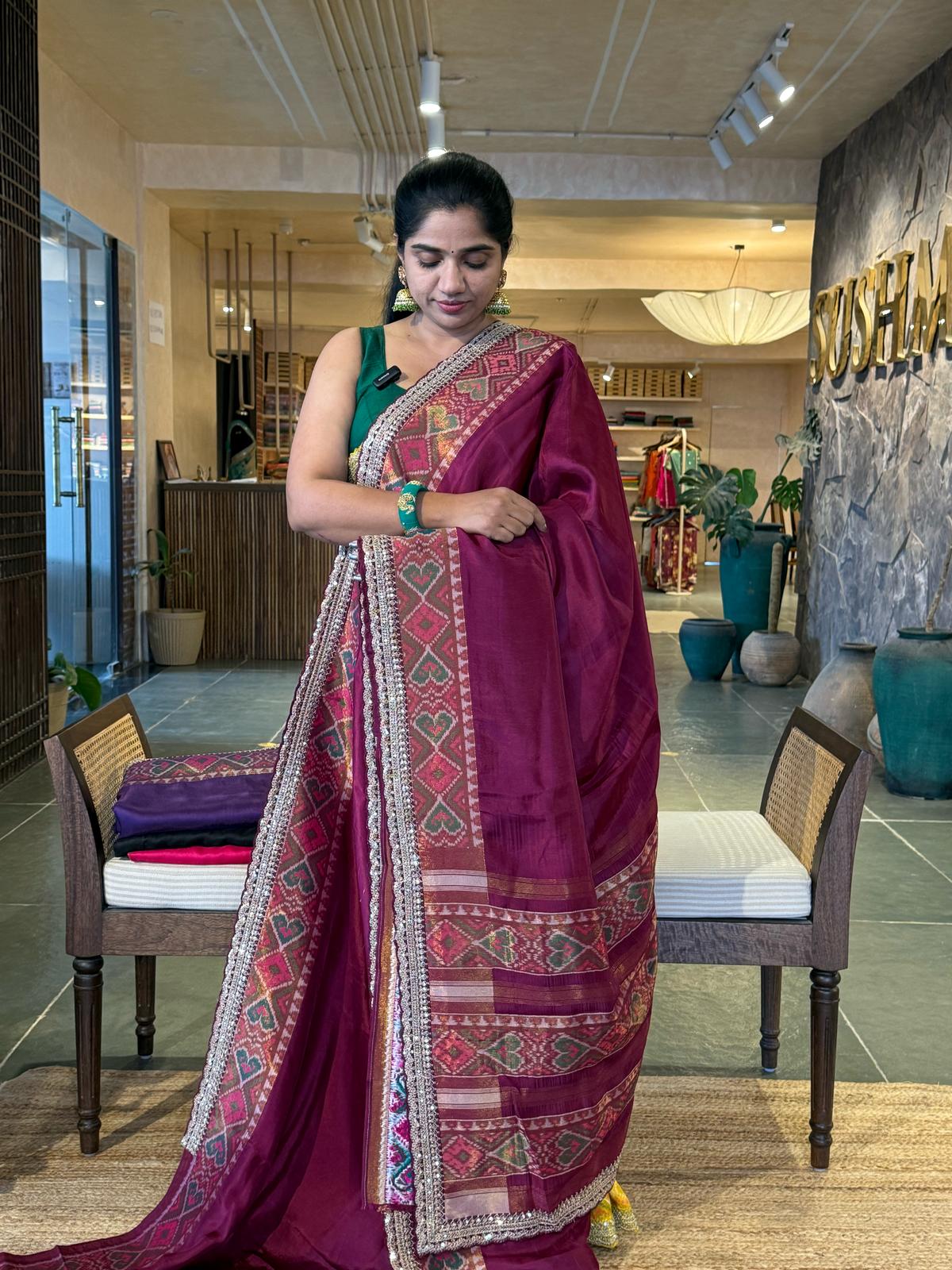 S2304: Tussar silk saree with Patola borders and Sabhyasachi-style