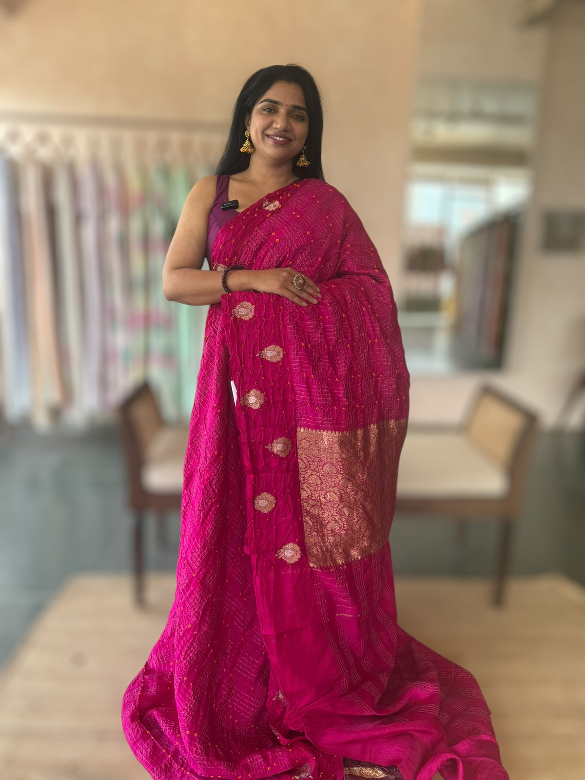 Rani Pink Banarasi Bandhej Silk Saree With Kaduwa Woven Open Mashru Borders