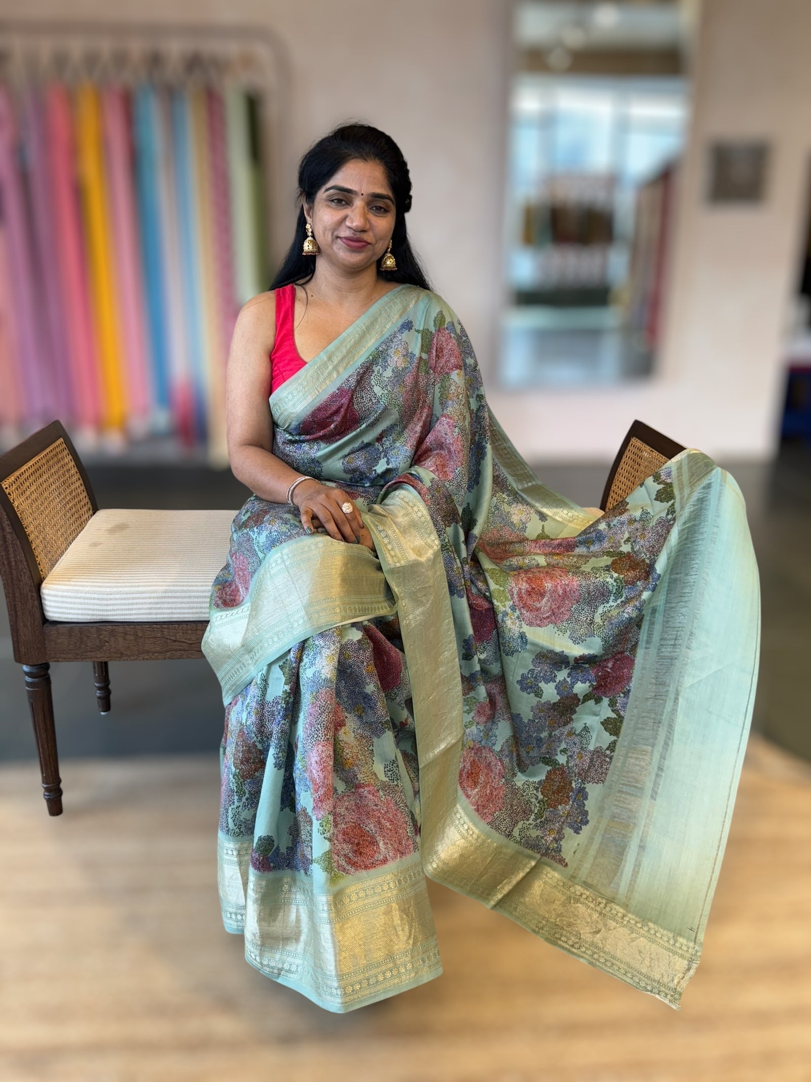 Pista Chiniya Silk Saree With Petite Point  Emb Style Print