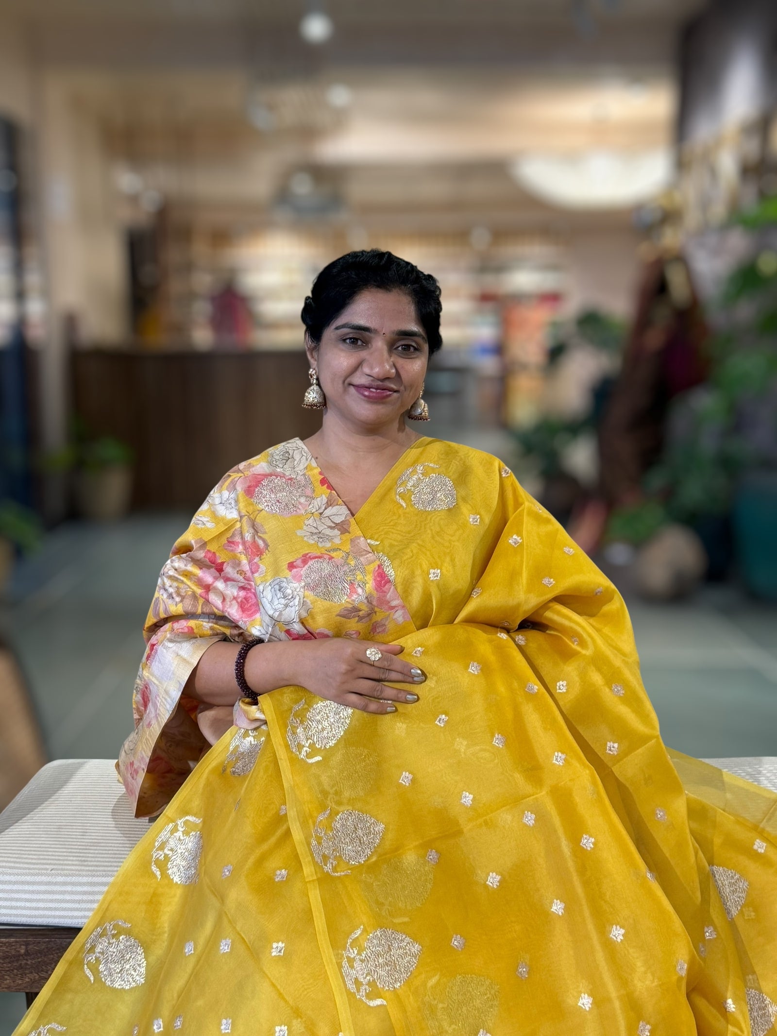 Mango Yellow Organza Saree With Embroidered Motifs & Tussar Printed Blousen