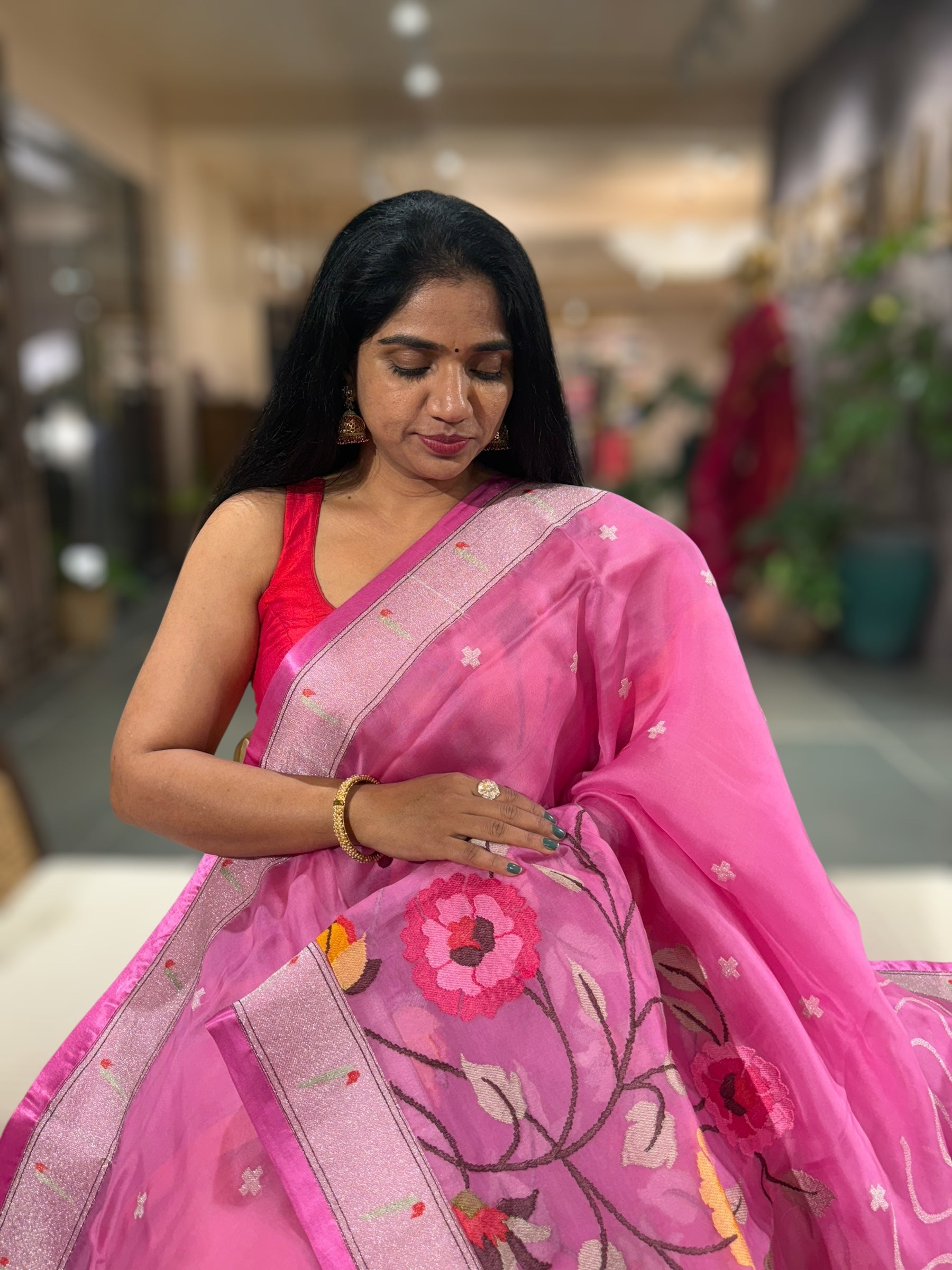 Light Rose Pink Organza Silk Saree With Jamdani Inspired Embroidery