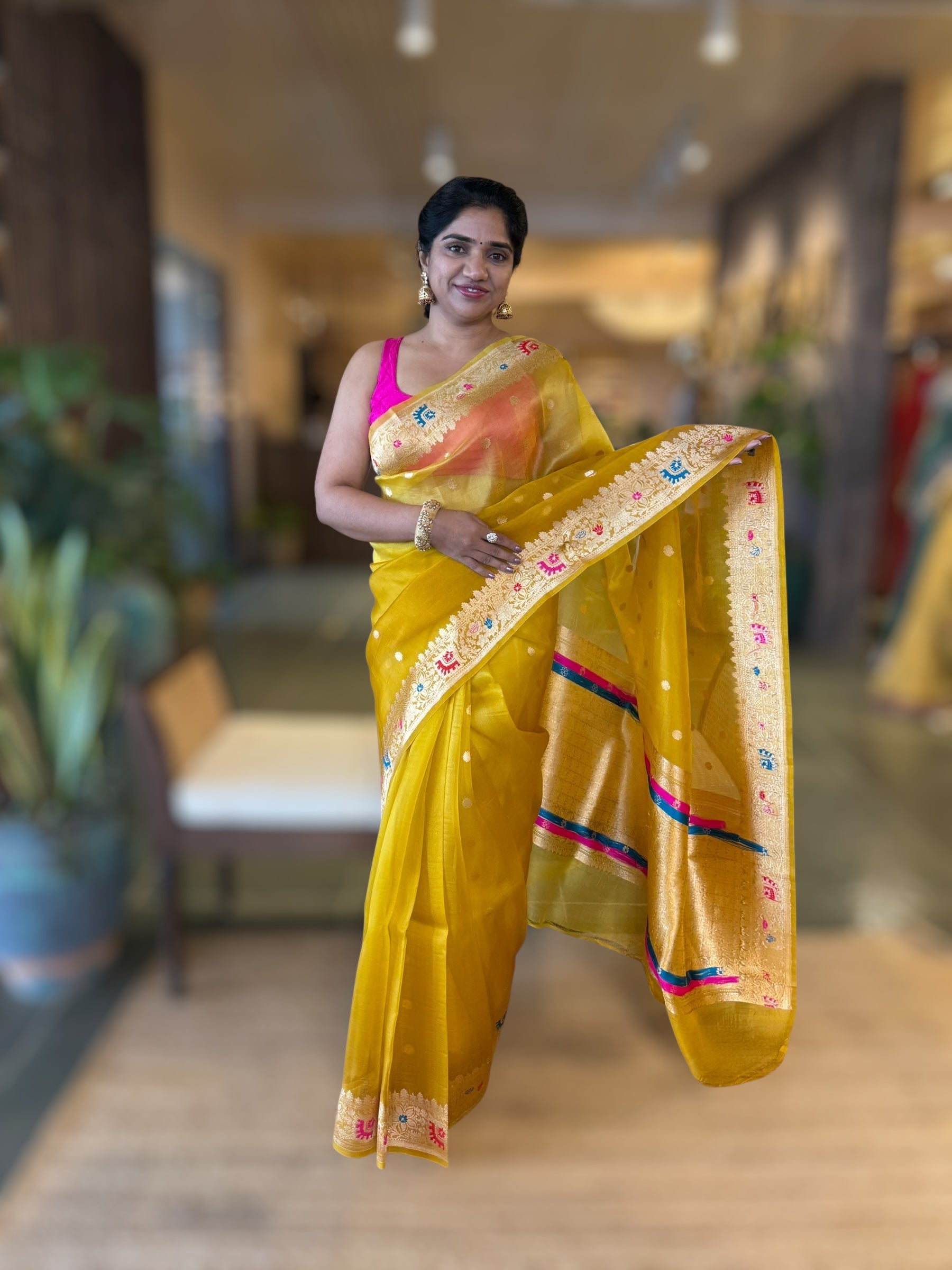 Mustard Shaded Premium Kora Banarasi Saree with Meenakari Kaduwa Woven Border