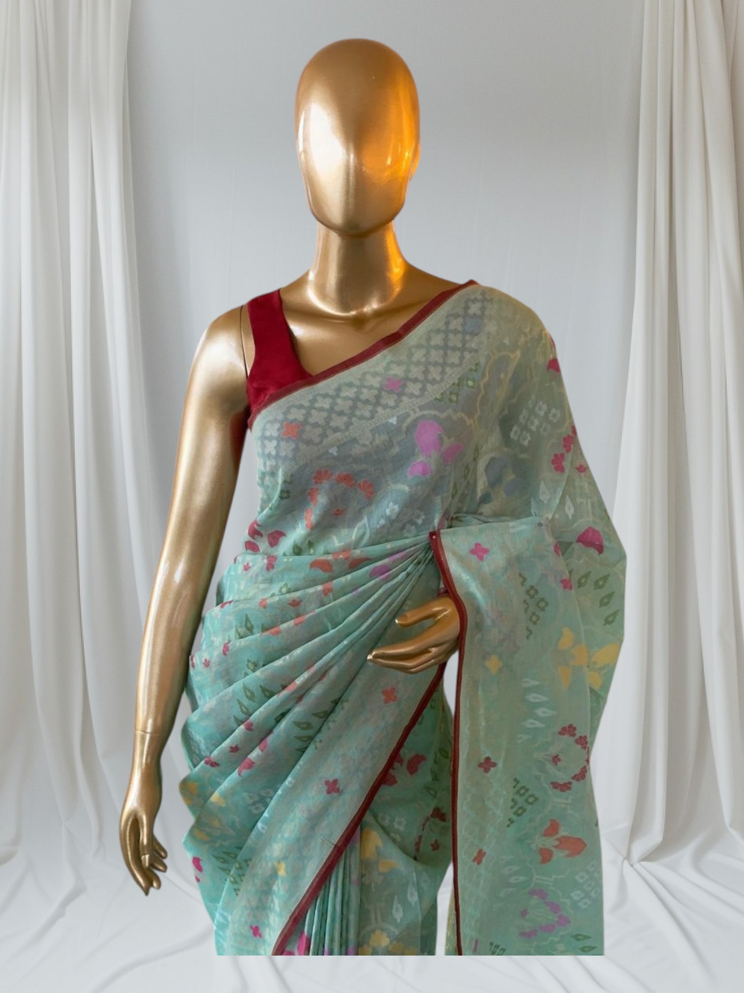 Mint Banarasi Handloom Cotton Cut Jamdani Saree With Allover Meenakari